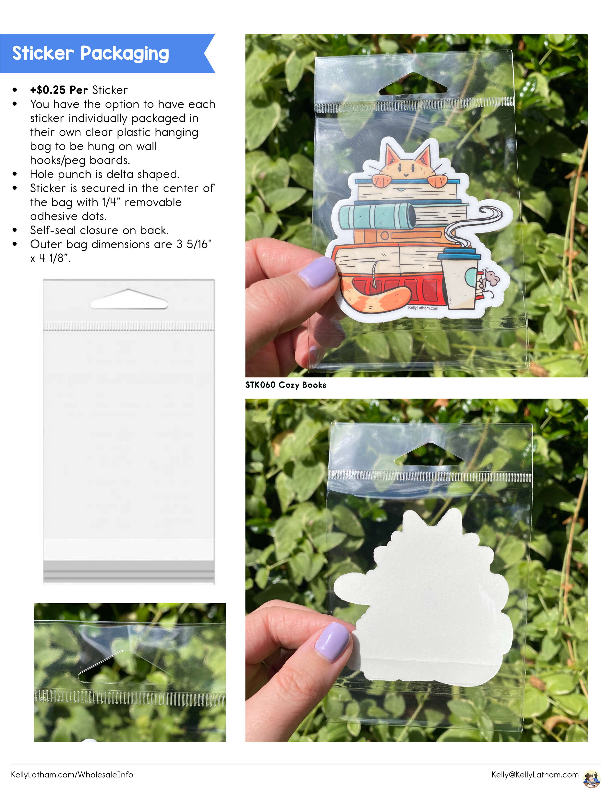 Product packaging for sticker packaging, showing a clear plastic bag with a zipper seal, containing a sticker featuring a cute cat reading a stack of books with a coffee cup. The packaging is pictured against a leafy green background.