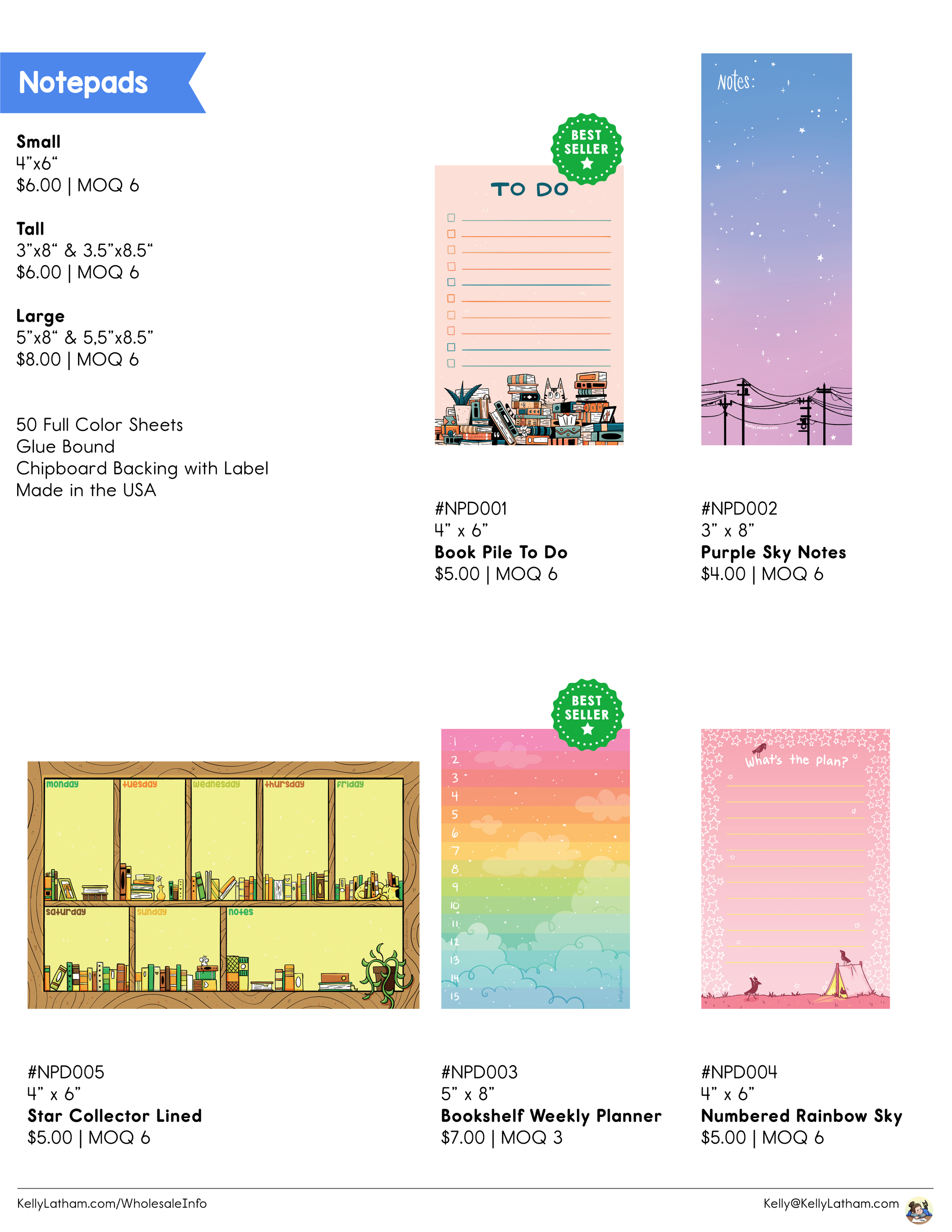 Display of assorted notepads with various designs, sizes, and themes including a to-do list, sky scene, organizational chart, weekly planner, and rainbow sky pattern. Each notepad has product details such as size, price, and minimum order quantity.