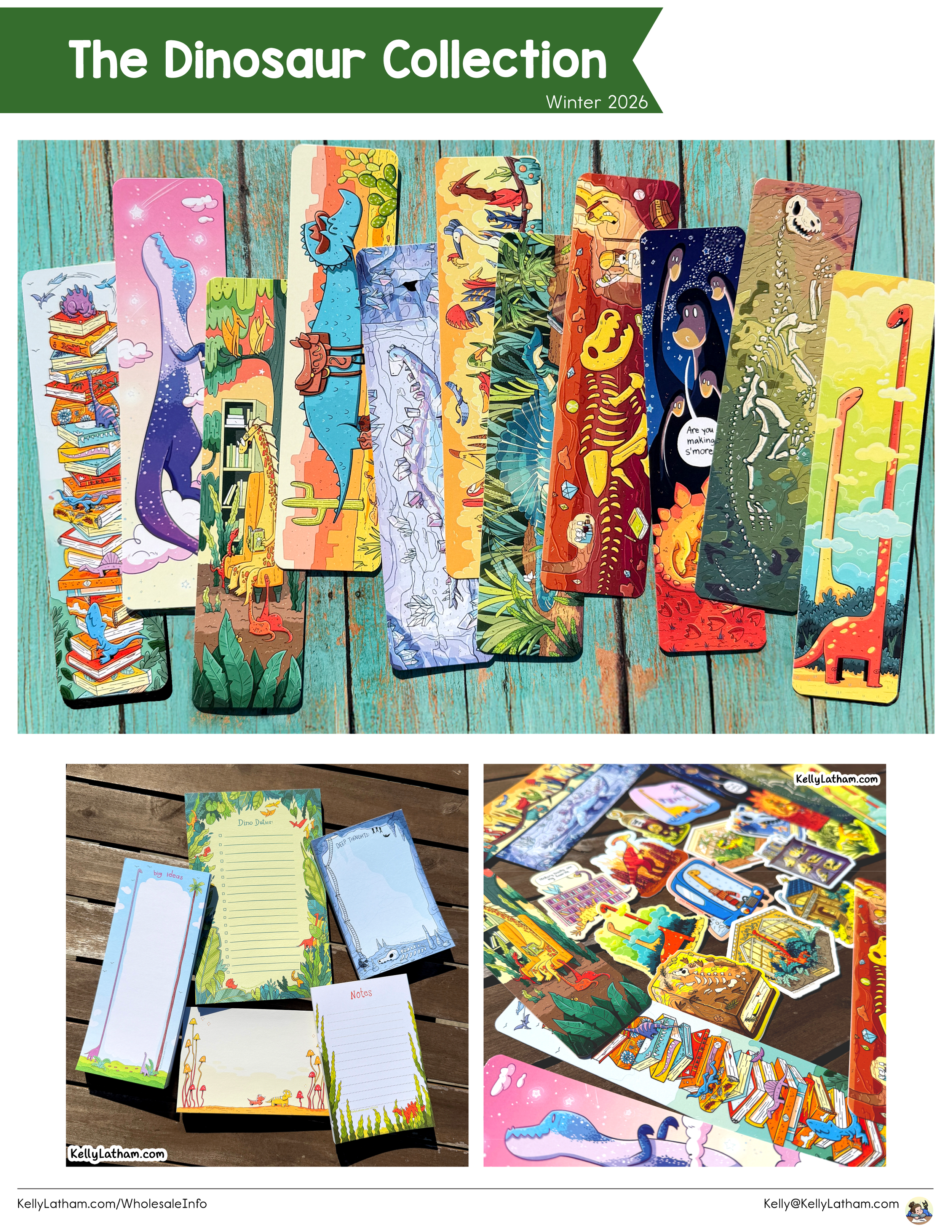 A collection of colorful dinosaur-themed bookmarks, notepads, and stickers featuring various dinosaur illustrations and designs.