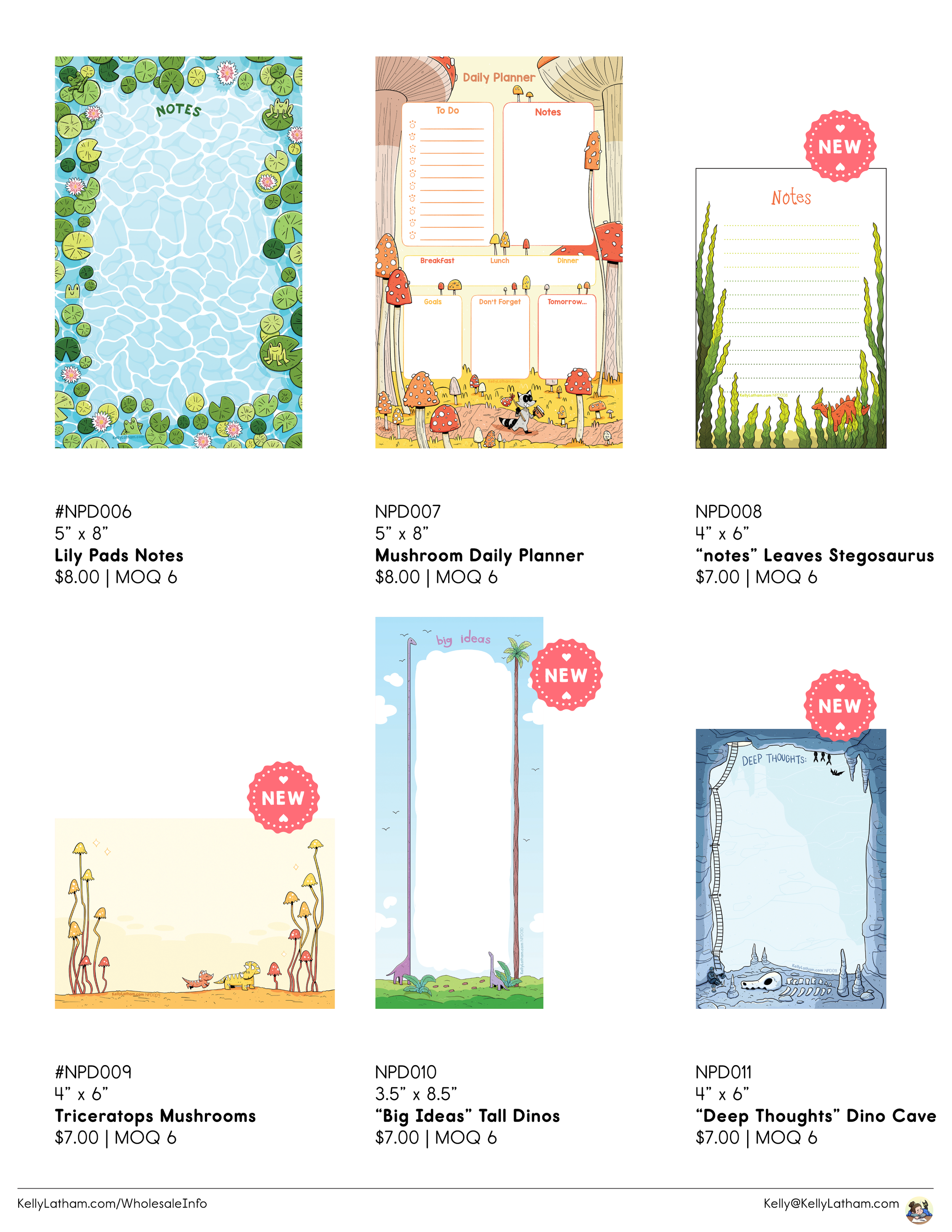 A catalog of six illustrated notes and planners featuring mushrooms, dinosaurs, and nature themes. Each has a title, price, MOQ, and item number.
