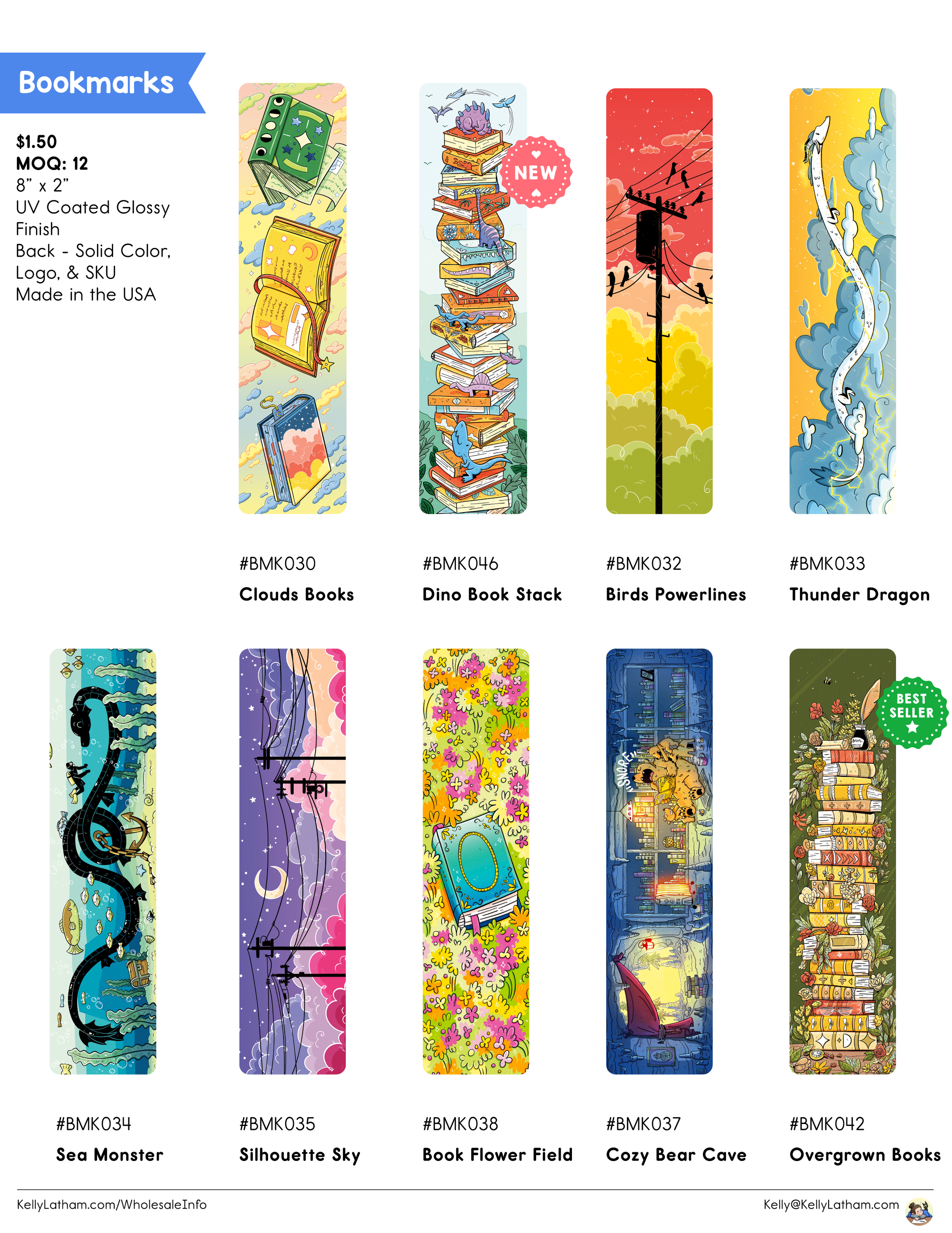 A collection of ten illustrated bookmarks featuring various themes like clouds, dinosaurs, birds, dragons, sea monsters, sky silhouettes, flowers, cozy bears, and overgrown books. Each bookmark has a unique design and vibrant colors.