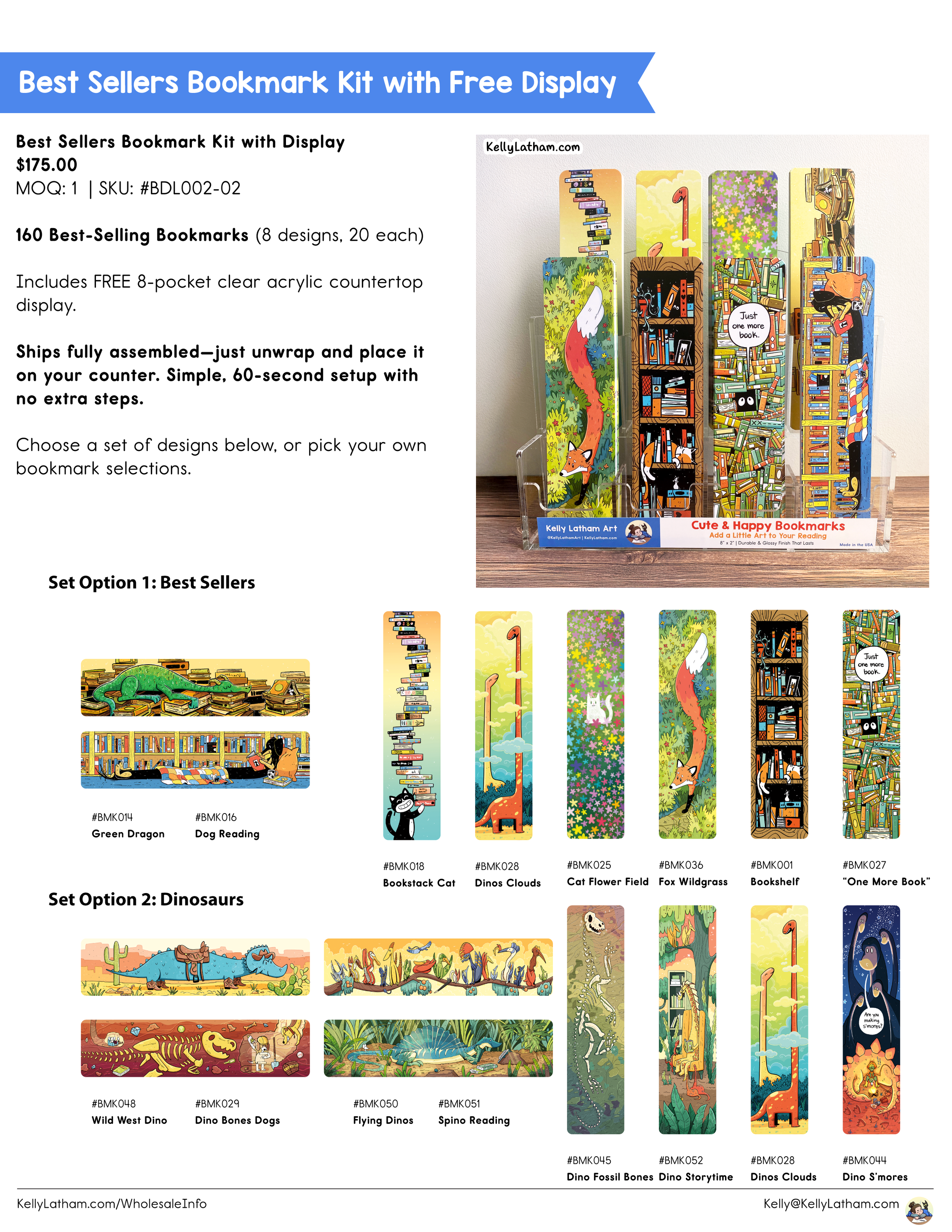 Display of bookmark designs with a blue banner at the top that says 'Best Sellers Bookmark Kit with Free Display' and a smaller banner below that says 'Cute & Happy Bookmarks Add a Little Art to Your Reading'. The right side shows the bookmark kit wi