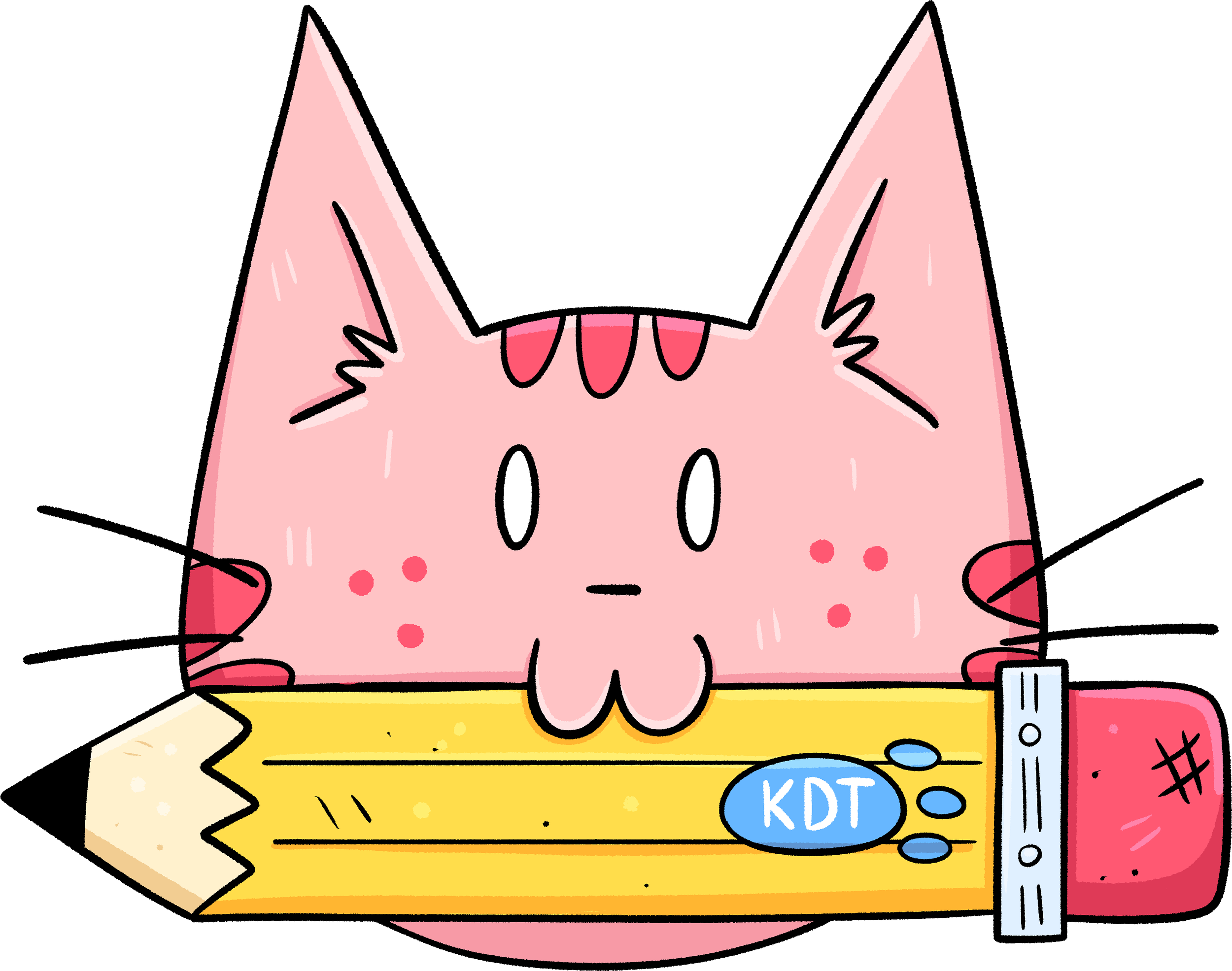 A cute pink cartoon cat with pointy ears, small eyes, and whiskers, depicted behind a large yellow pencil with a red eraser, a blue KDT button, and several small blue pills.