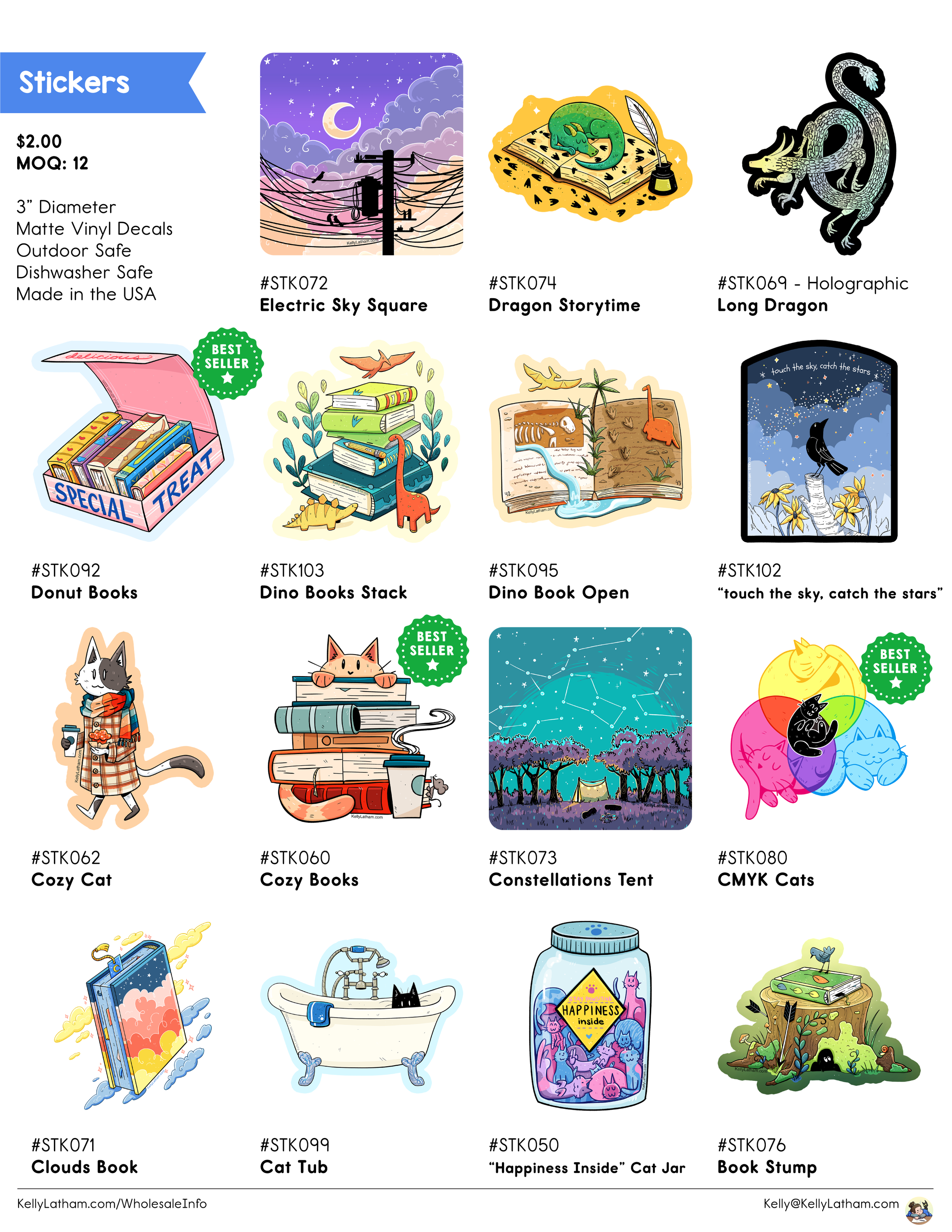 Collection of stickers featuring various designs, including a purple sky with moon and stars, a green dragon on a book, a holographic long dragon, stacks of books, a book open to a nature scene, a bird on a branch, colorful cats, a night sky with con