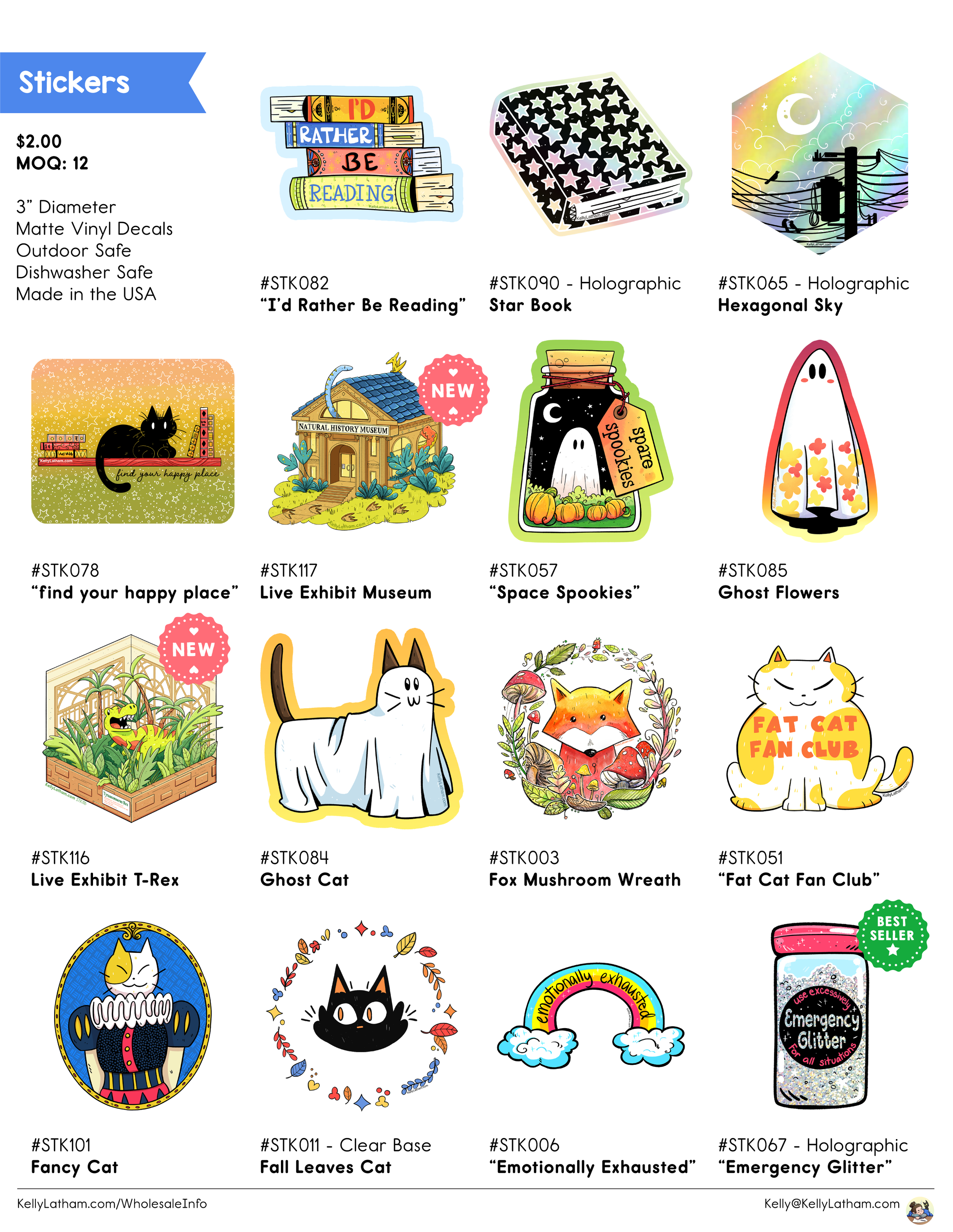 Collection of colorful stickers featuring books, animals, plants, and whimsical designs, with text such as 'I'd Rather Be Reading,' 'Space Spookies,' 'Ghost Flowers,' and 'Fat Cat Fan Club.'