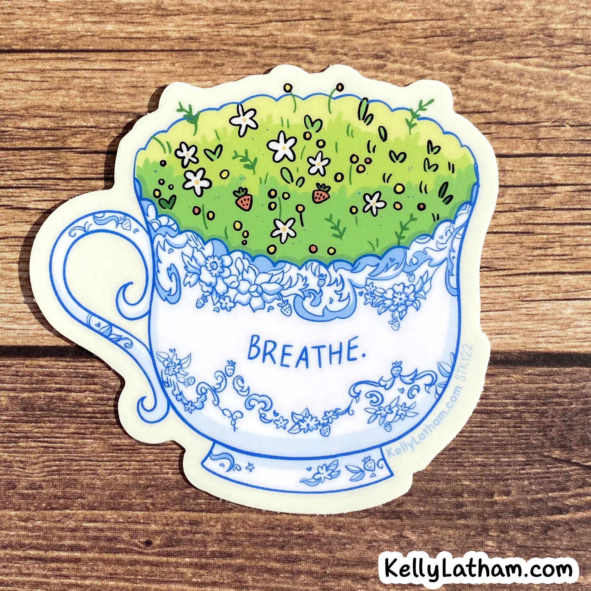Floral Teacup Sticker | Breathe Mindfulness Art | Blue Garden Flowers Vinyl Decal