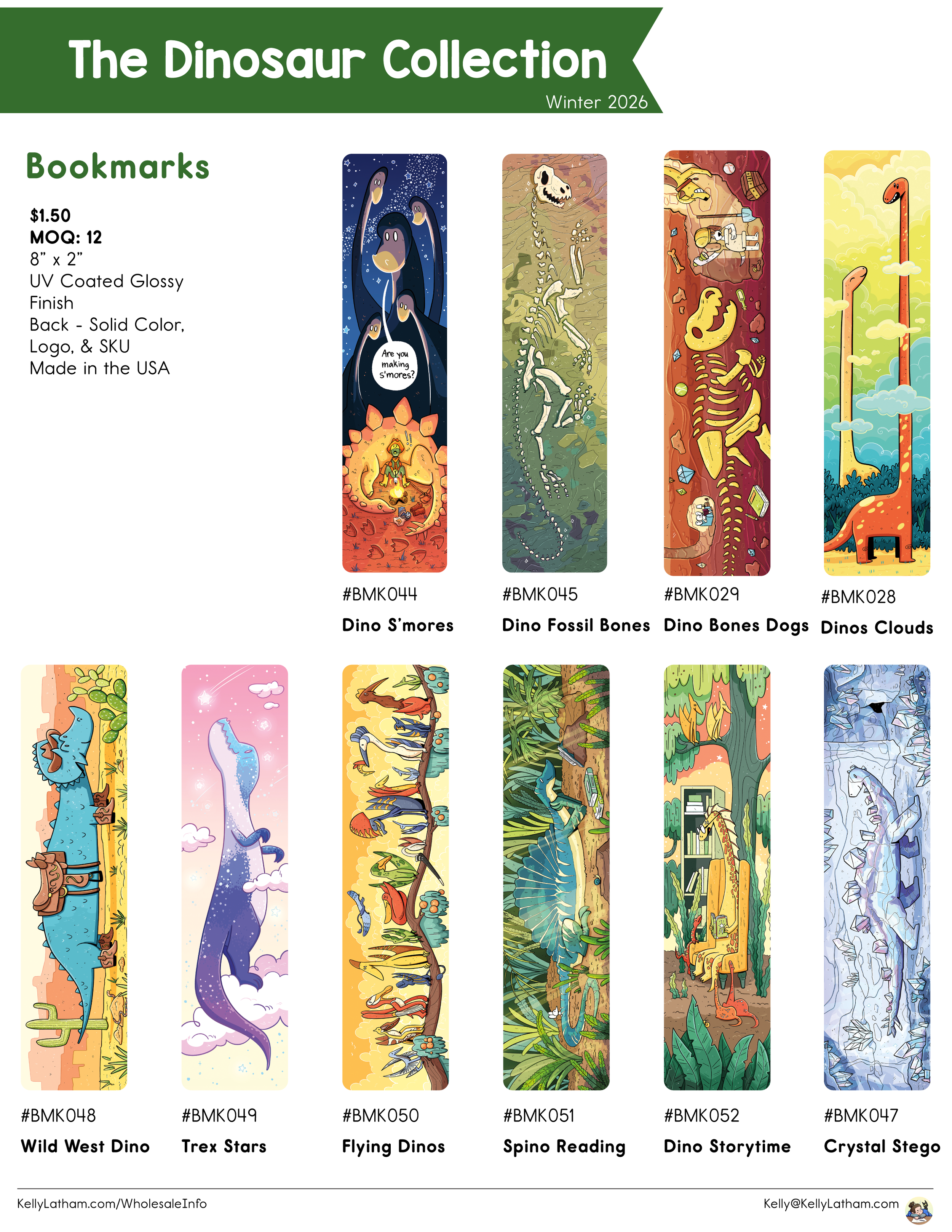 Collection of ten dinosaur-themed bookmarks featuring colorful cartoon illustrations, each labeled with a hashtag and name, including Dinosaur S'mores, Dinosaur Fossil Bones, Dinosaur Bones Dogs, Dinosaurs Clouds, Wild West Dino, Trex Stars, Flying D