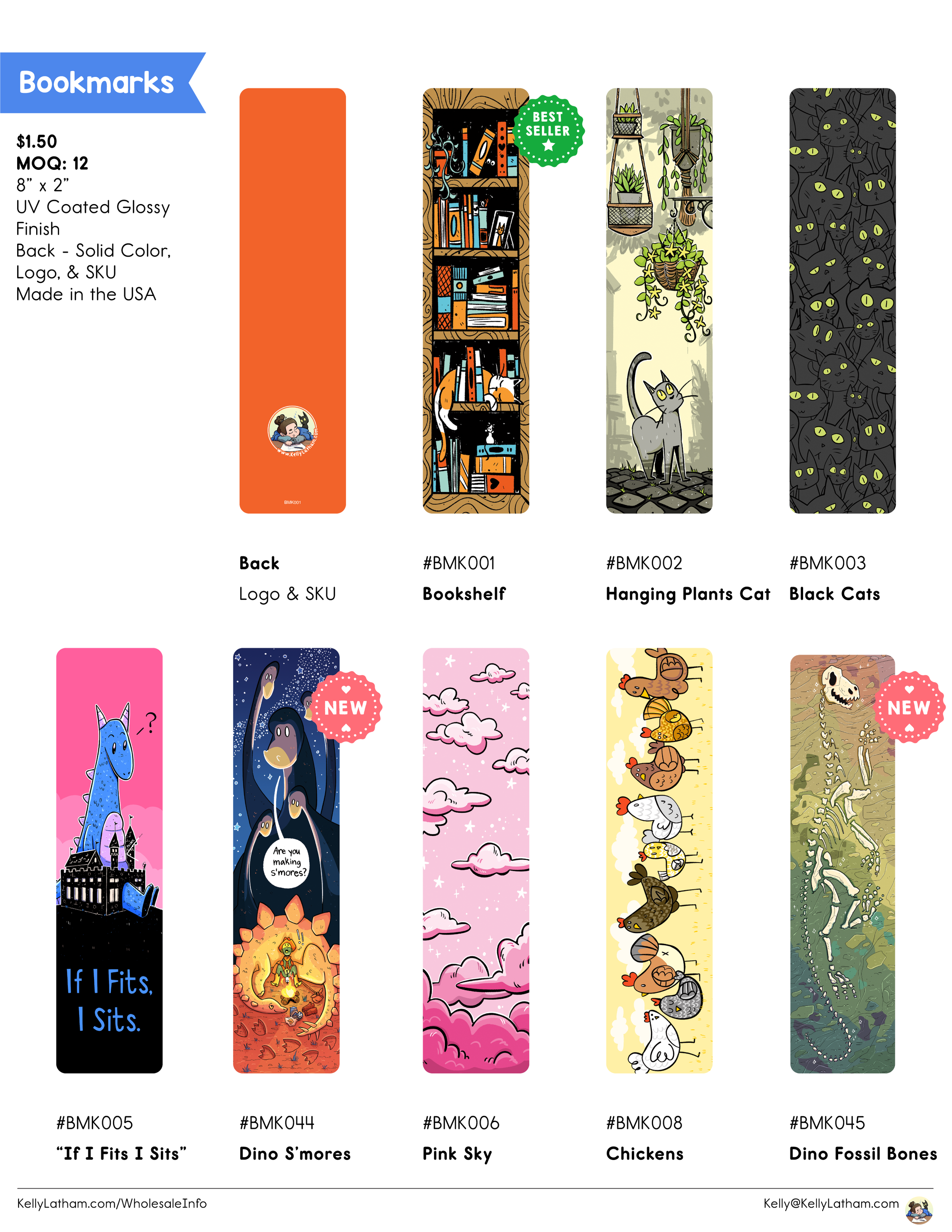 Collection of decorative bookmarks with various illustrations including bookshelves, hanging plants, black cats, a blue unicorn, dinosaurs, pink sky, chickens, and dinosaur fossils bones.