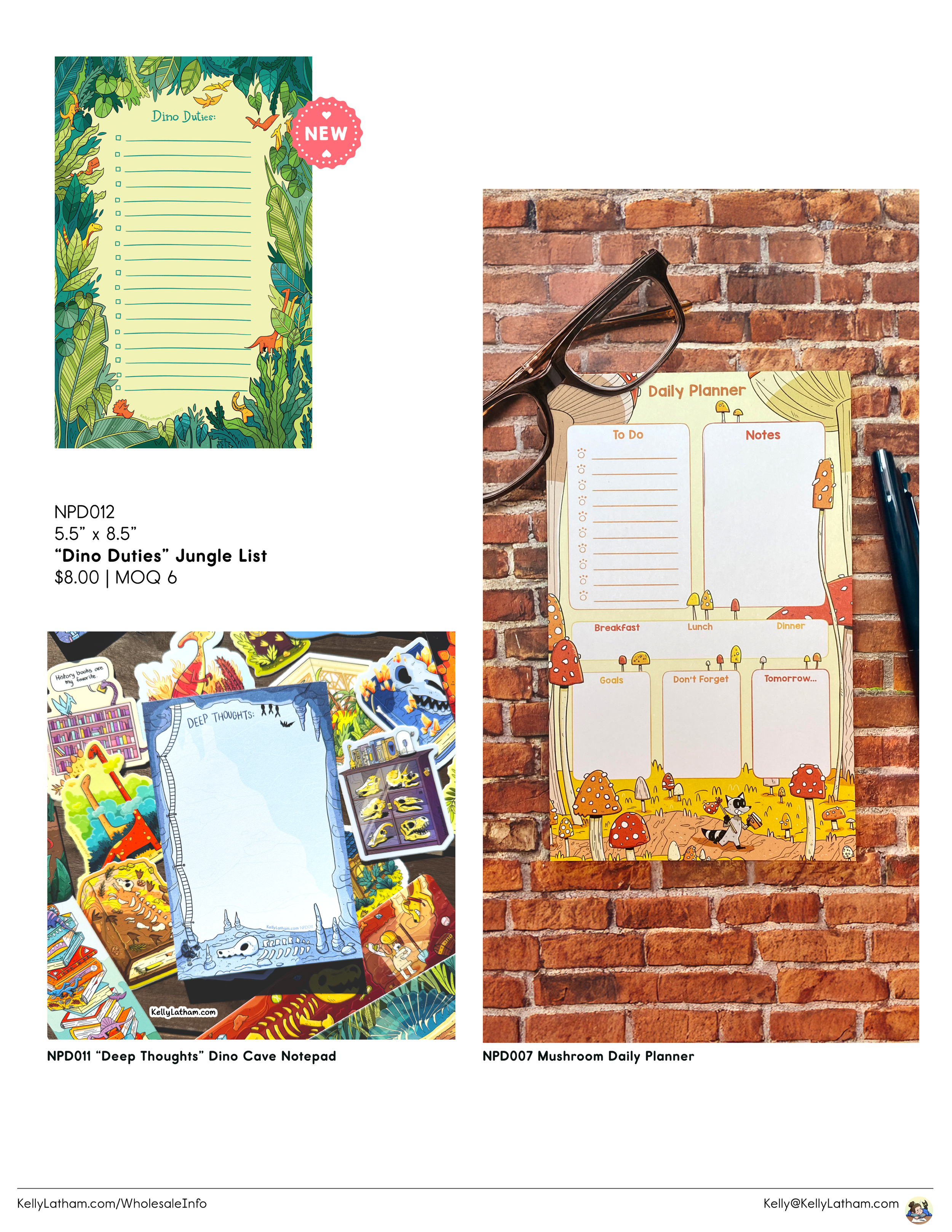 A collection of dinosaur-themed stationery and planners, including a jungle list notepad, a Dino Cave Notepad, and a mushroom-themed daily planner displayed against different backgrounds.