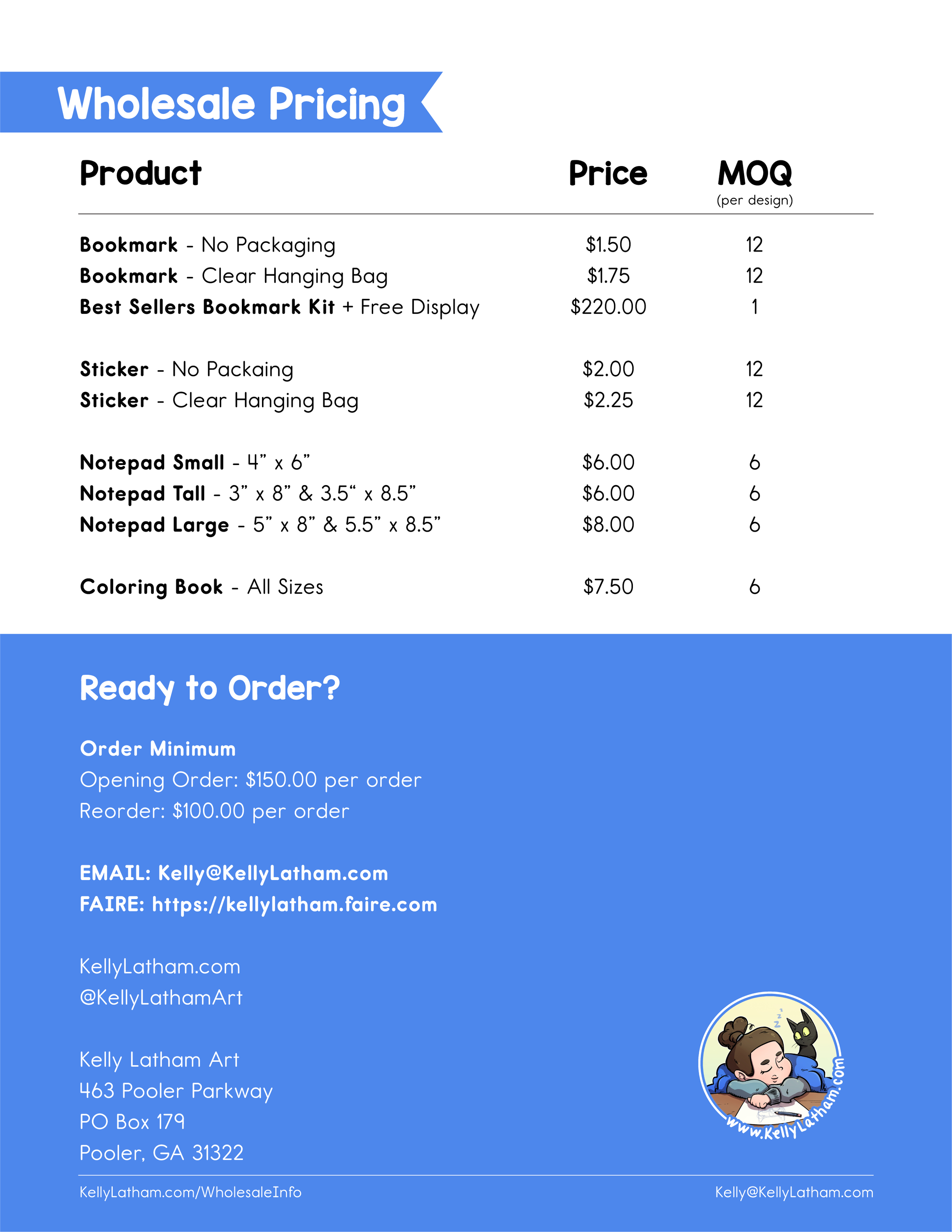 Wholesale pricing list for bookmarks, stickers, notepads, and coloring books, with ordering instructions, contact information, and a cartoon logo of a girl sleeping with a cat.