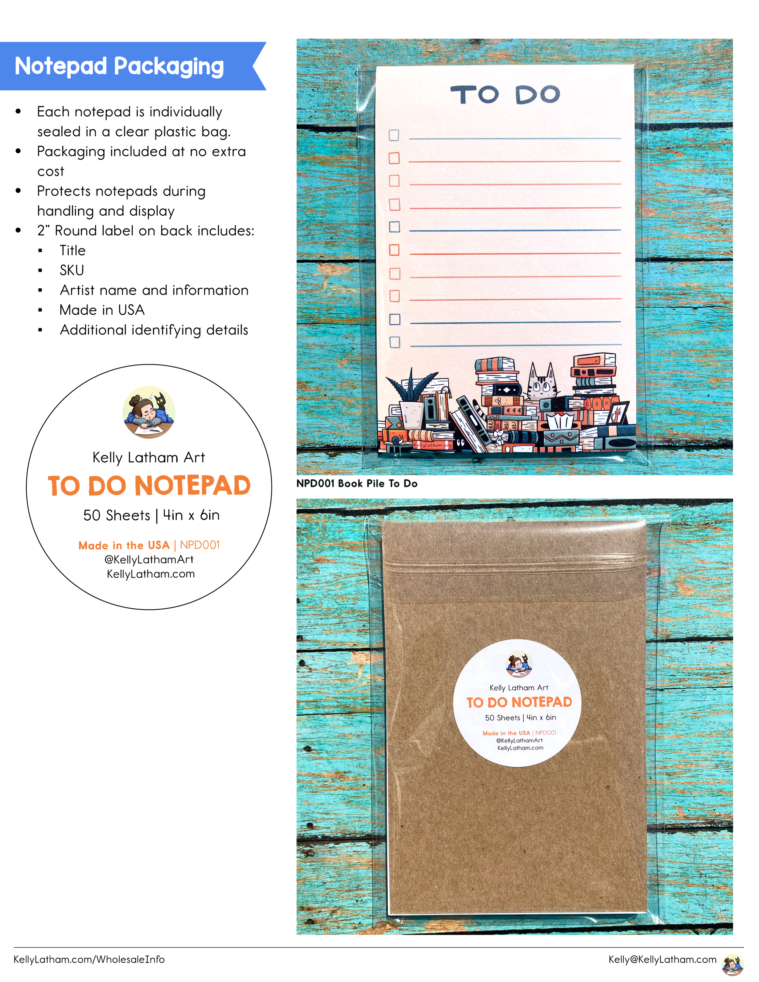 Image of notepad packaging and a notepad in a plastic bag. The packaging includes a sample page labeled 'TO DO' with checkboxes and a stack of books at the bottom. The notepad has a brown paper cover with a round label.