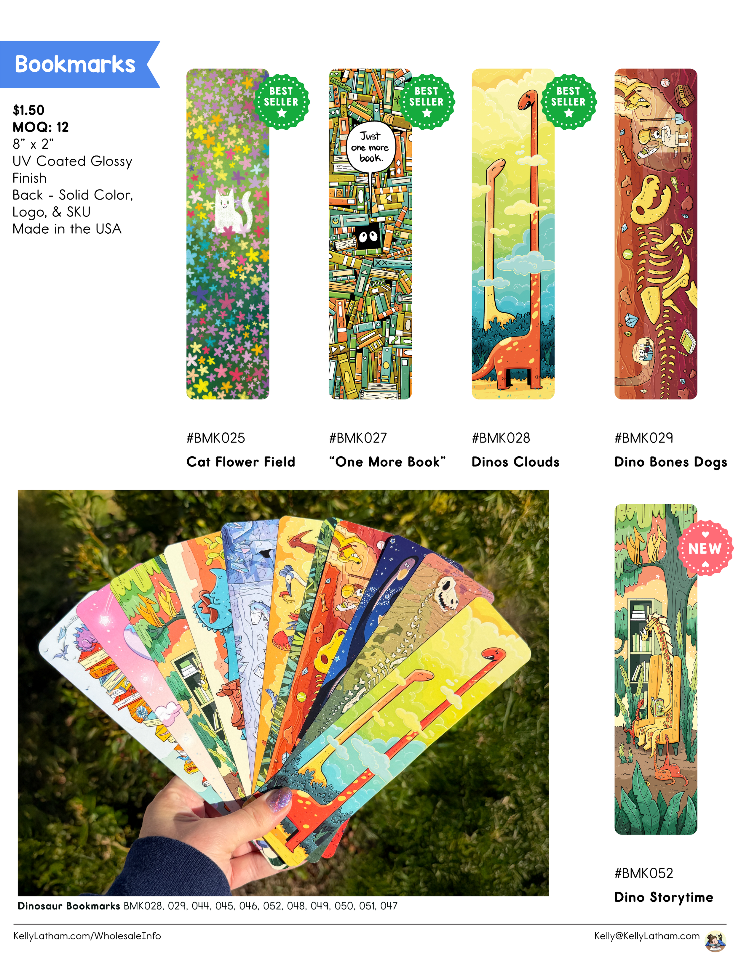Display of dinosaur-themed bookmarks with colorful illustrations, including a green dinosaur, a cactus with books, a long-necked dinosaur among clouds, and a skeleton. Several bookmarks are shown both in packaging and held in a person's hand, with va