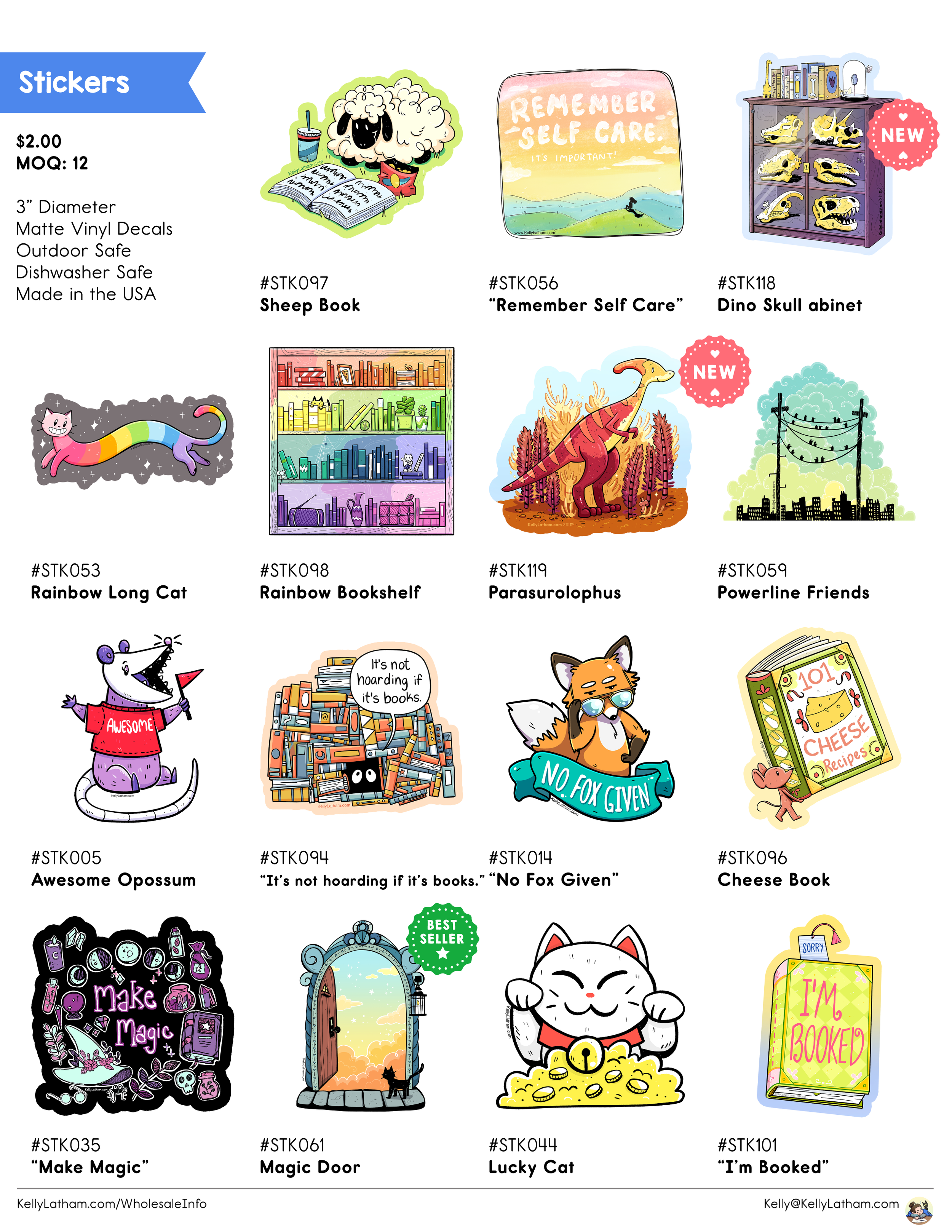 Collection of colorful stickers including sheep, self-care, dino skull, rainbow cat, bookshelf, dinosaur, powerline, opossum, books with funny quote, fox, cheese, magic items, door, lucky cat, and book-themed designs.