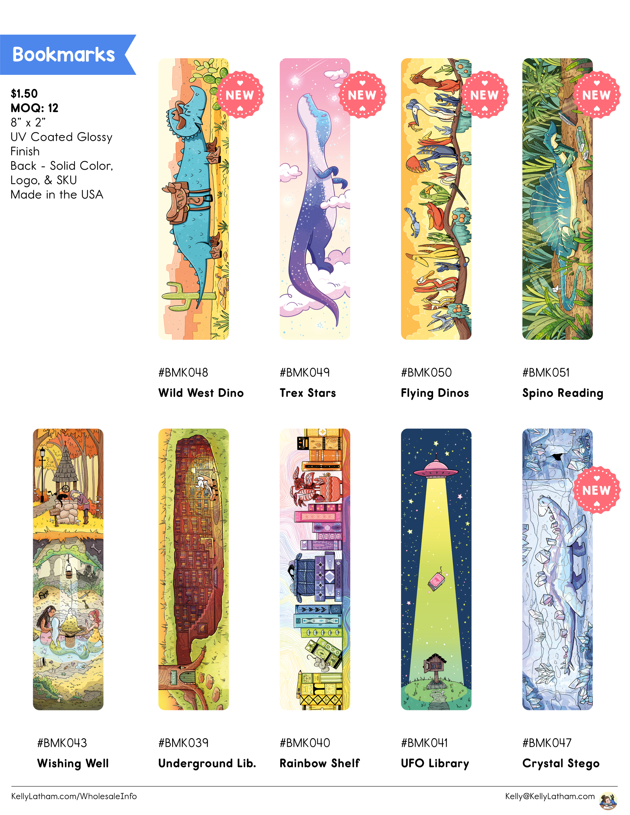 Collection of colorful bookmarks with various designs, labeled with names such as Wild West Dino, Trex Stars, Flying Dinos, Spino Reading, Wishing Well, Underground Lib., Rainbow Shelf, UFO Library, and Crystal Stego.