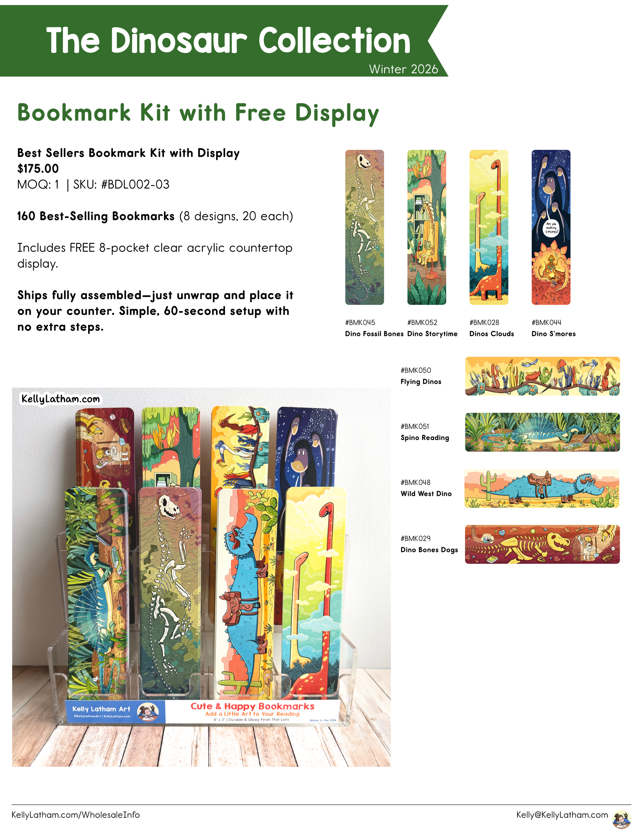 Display of eight dinosaur-themed bookmarks in a clear acrylic holder, featuring colorful illustrations of dinosaurs and related scenes, part of a bookstore promotion for a bookmark kit.
