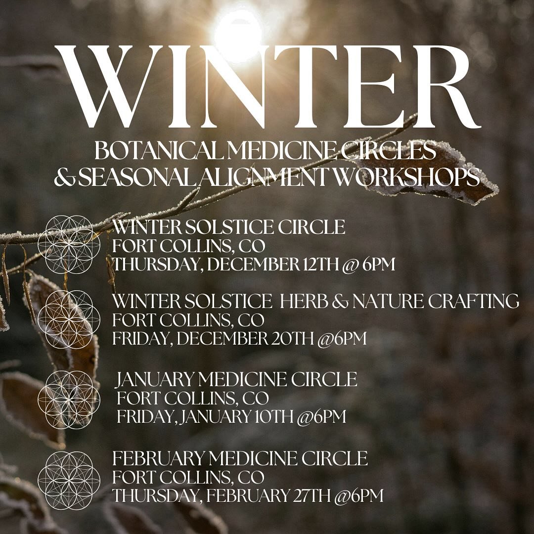✨ Join our Winter Seasonal Alignment Workshops! ✨

Wild Earth Rhythms (a collaboration with Mother Gardener and Wild Roots Studio) we invite you to connect with the wisdom of winter through our Botanical Workshops, Women&rsquo;s Circles, and Seasonal