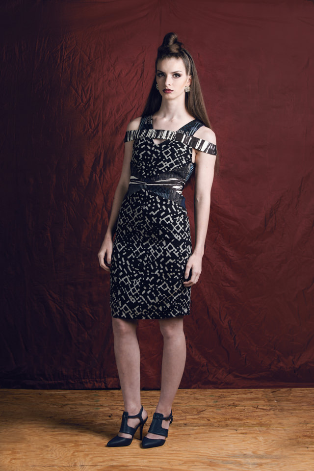 V-neck Abstract Print Colorblock Dress: Silk chiffon, silk jacquard, & silk twill; silk/viscose lining