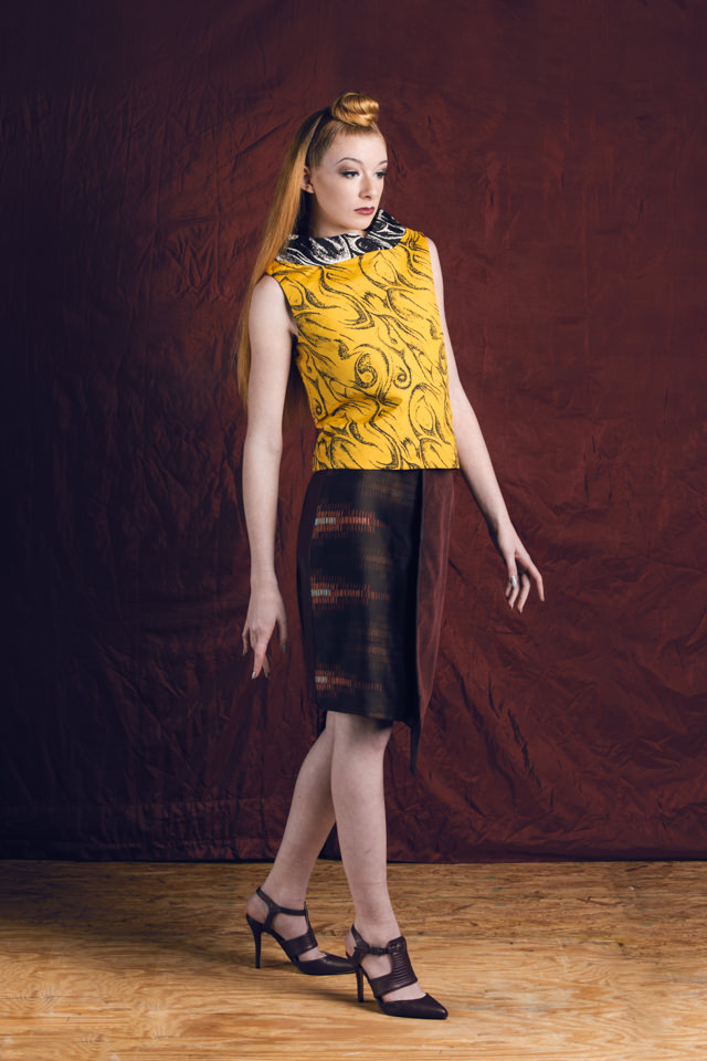 Bandeau Collar Top: Crepe de chine; silk/viscose lining Asymmetrical Skirt: Crepe de chine, faux suede; silk/viscose lining