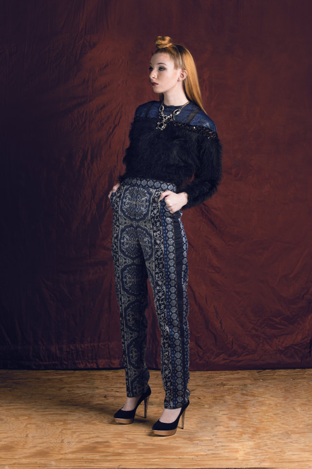 Furry Embellished Top: Eyelash Mesh Knit, faux leather, stretch sequin mesh Cigarette Pant: Metalllic Damask