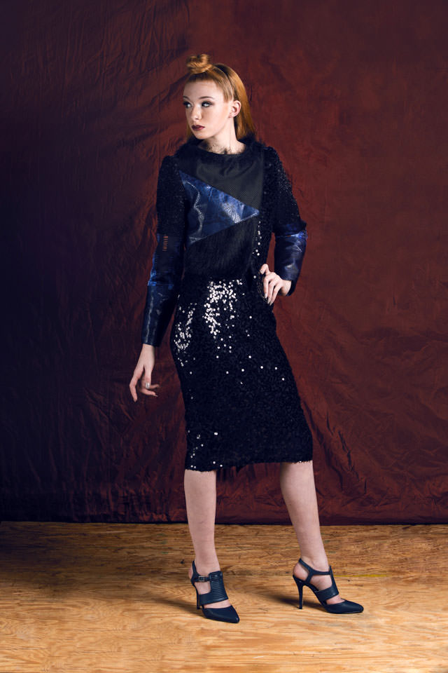 Colorblock Jacket: Crepe de Chine, stretch sequin mesh, sports mesh, faux leather, wool boucle Sequin Pencil Skirt: Stretch sequin mesh, sports mesh 