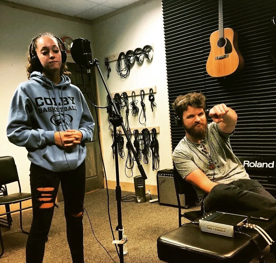 Faculty Joe and his student Abby record her first single. Photo credit: Robin Lane/Cosmic Chicken Studios