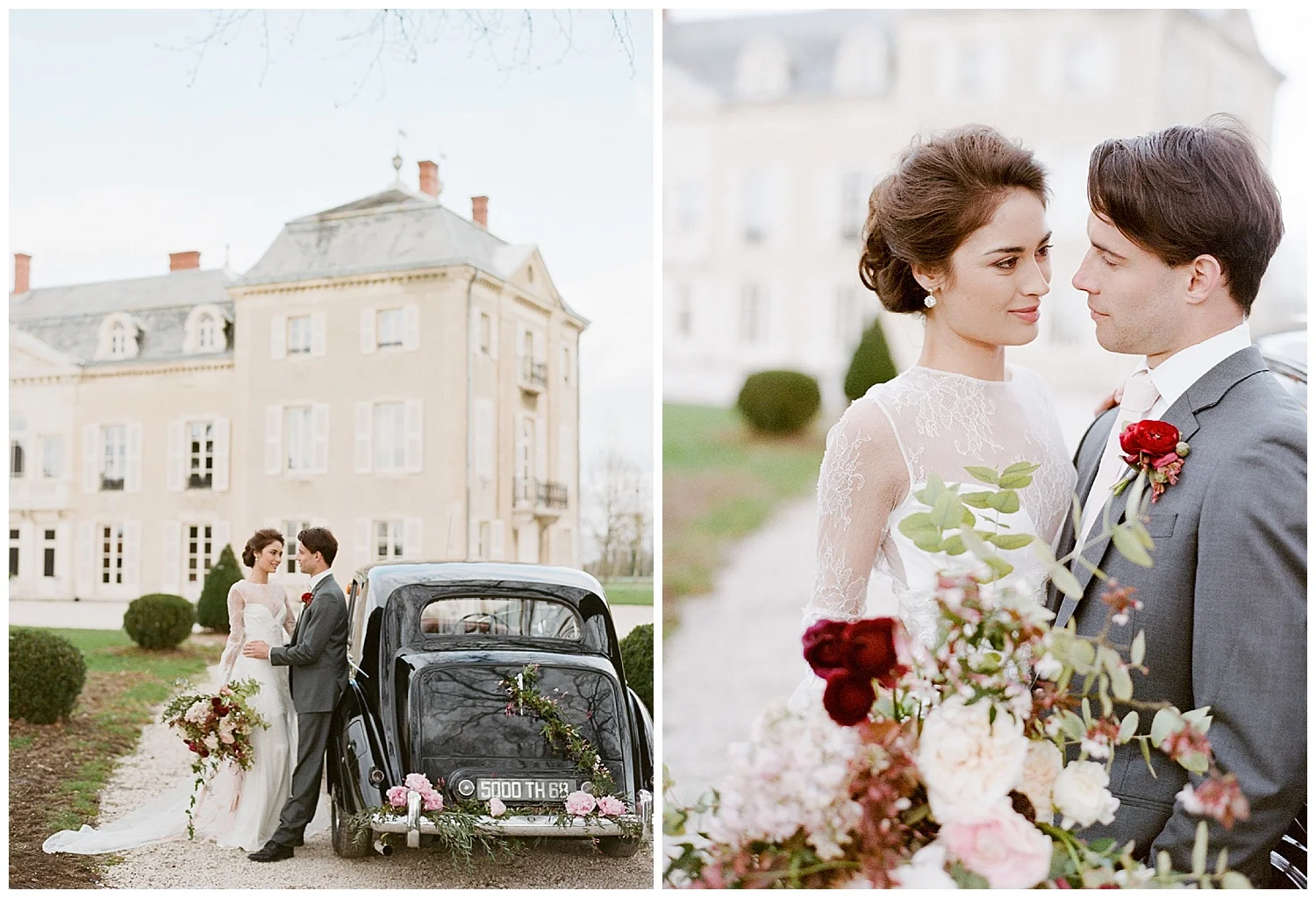 Bride and groom with vintage car at the 2015 Workshop; Sylvie Gil Photography