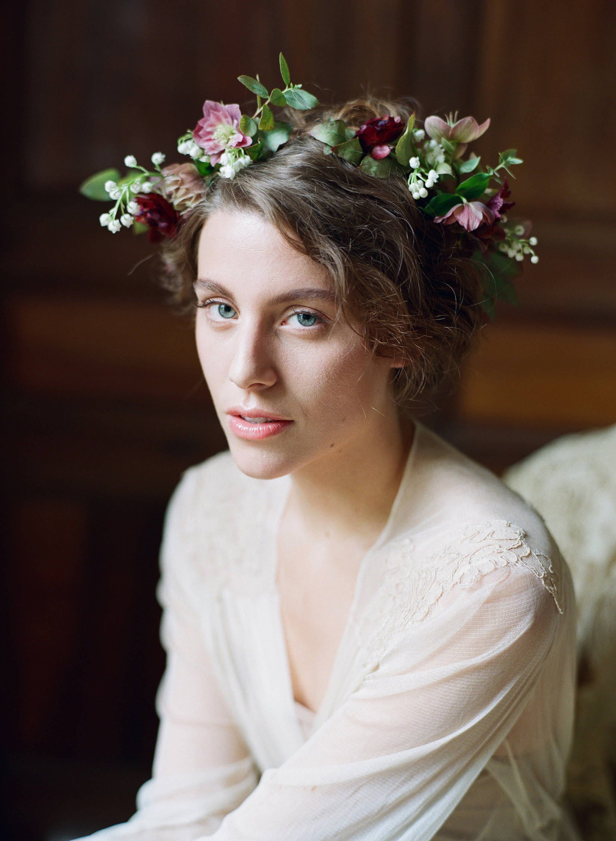 A Renaissance bride with a flower crown in Burgundy, France; Sylvie Gil Photography