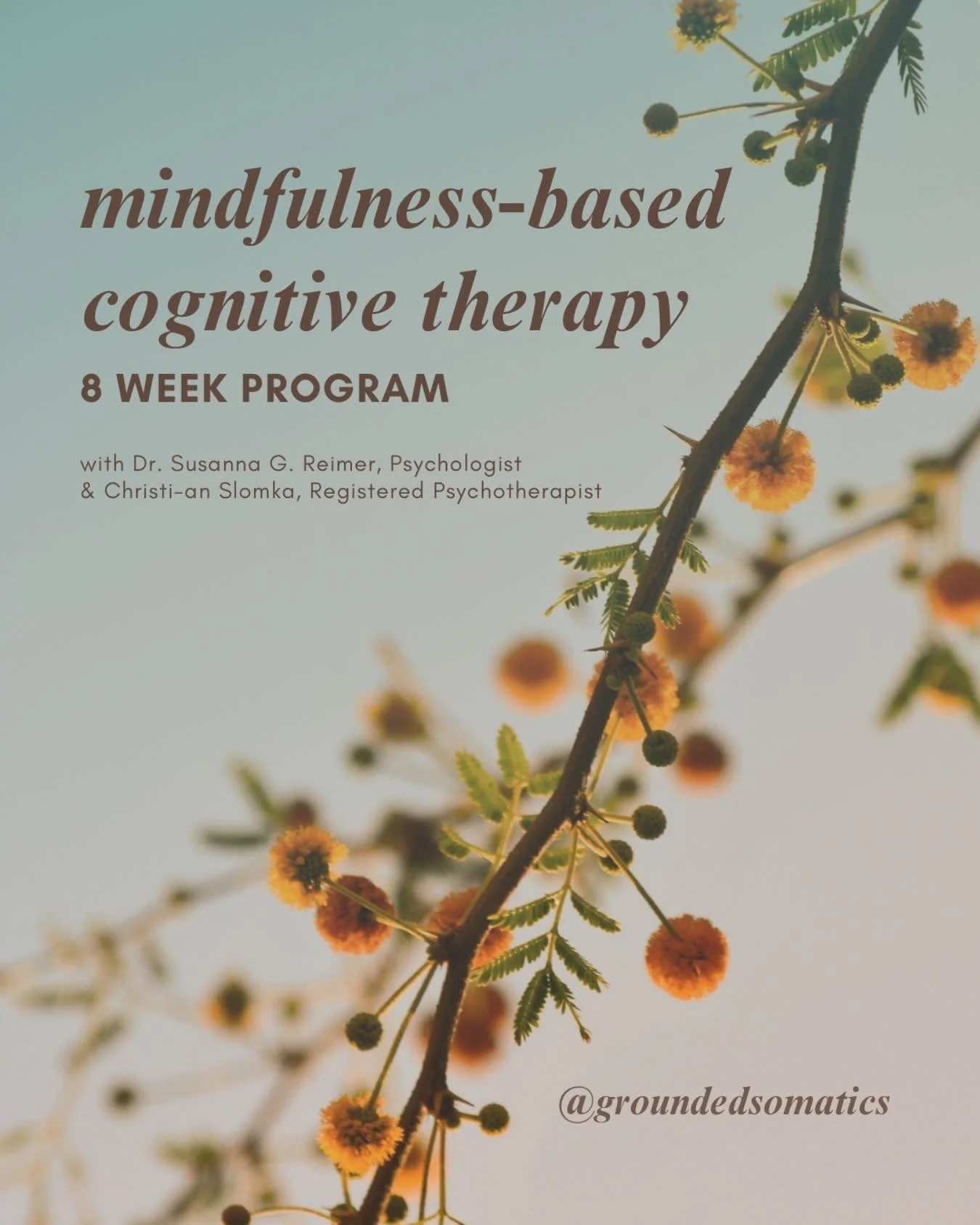 This September, I&rsquo;ll be co-facilitating an 8-week Mindfulness-Based Cognitive Therapy (MBCT) course with local psychologist Dr. Susanna G. Reimer.

MBCT weaves together mindfulness practices and cognitive tools to help reduce stress, ease anxie