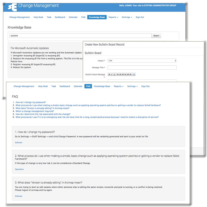 FAQ, KNOWLEDGEBASE, BULLETIN BOARD- Click for more detail.