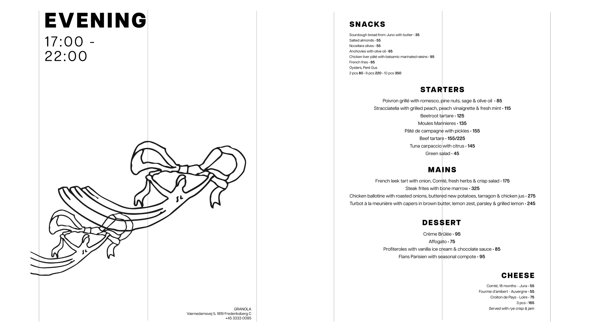 evening menu front and back side