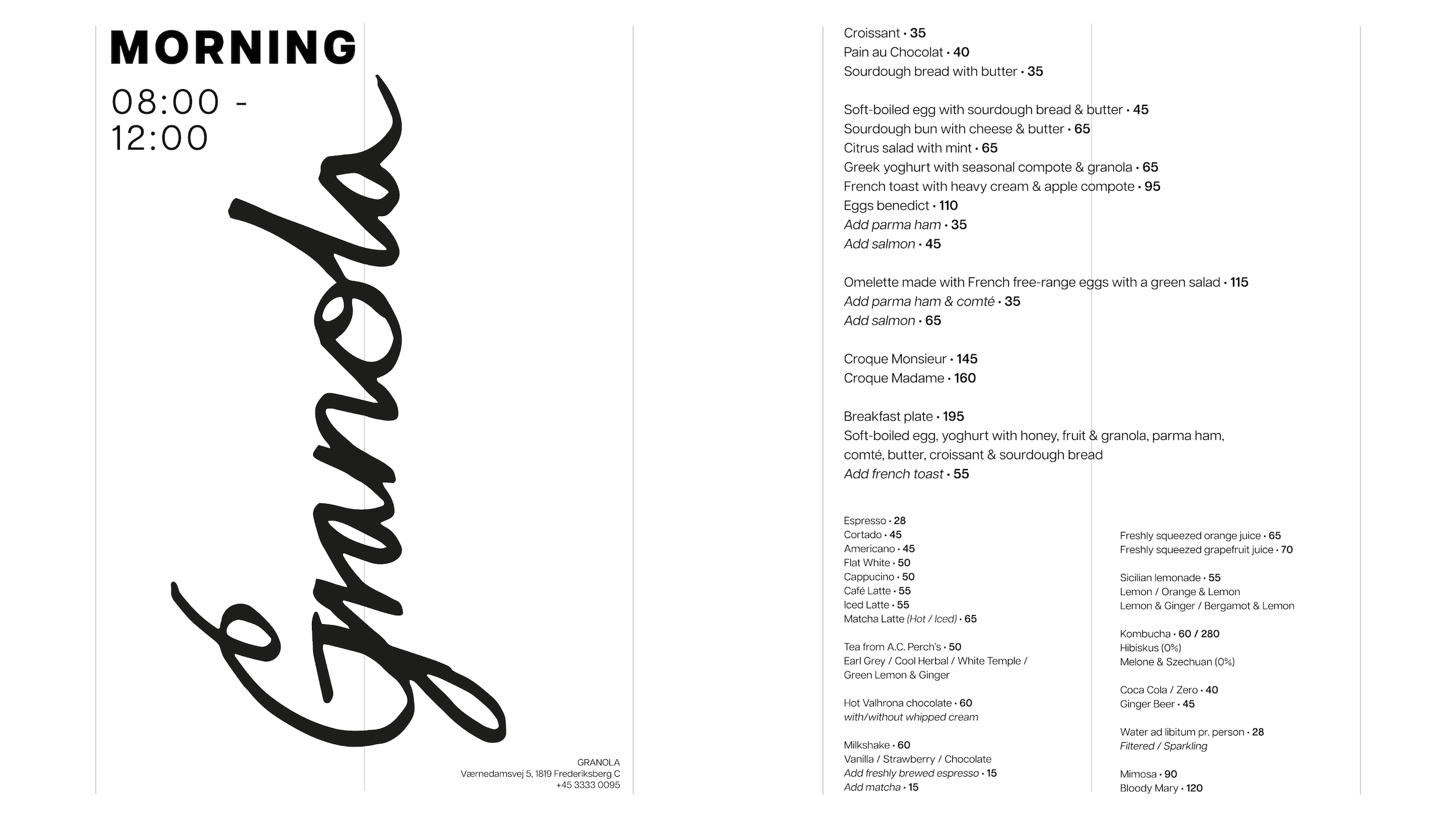 2 sided menu card with morning menu