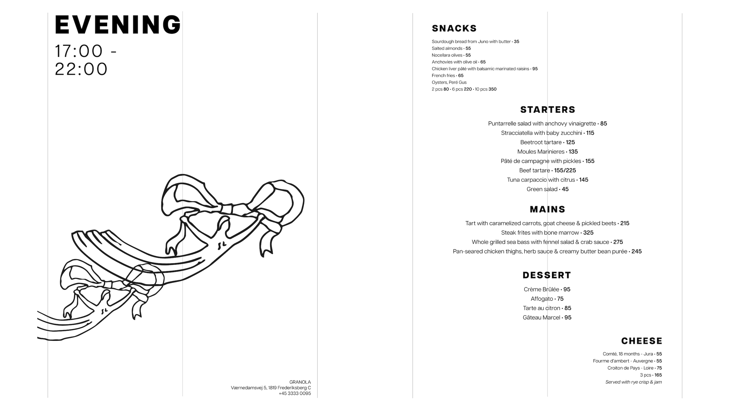 2 sided menu card with the evening menu