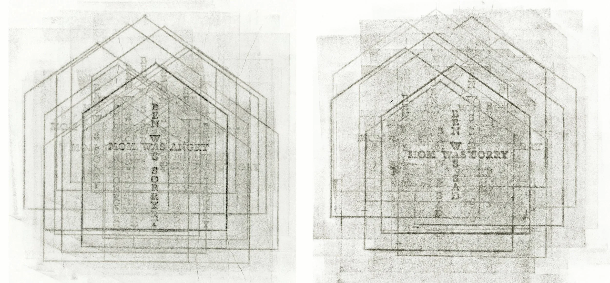 Cross Purposes, a monoprint diptych on rice paper by Lorna Stevens exploring the parent-child relationship, created for the literary journal Nostos.
