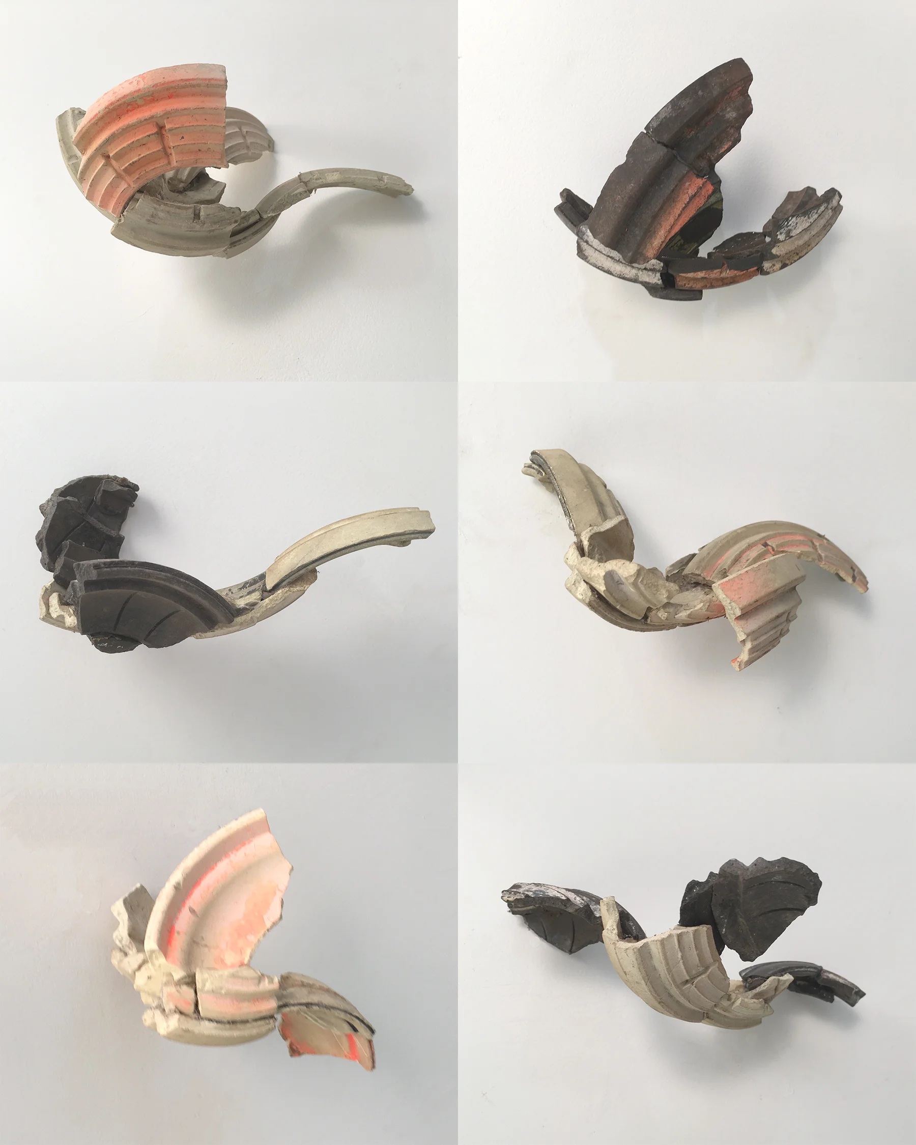 Clay Pigeon Passenger Pigeons , 2016, Salvaged clay pigeons, glue, approximately 3 x 6 inches each