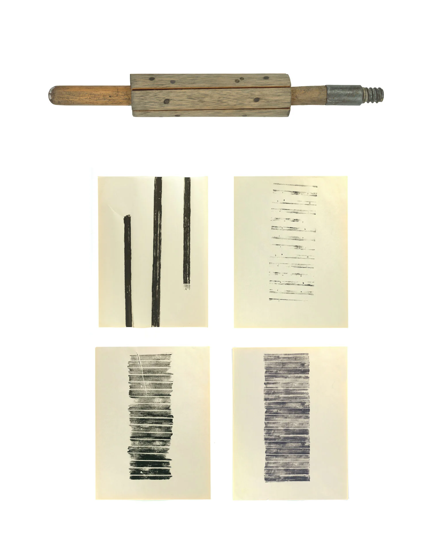 The Broomstick Story , 2012, Object: Salvaged wooden broomstick, dowels, glue, 15.25 x 2 x 2 inches; Book: Newsprint, ink, cardboard, string, 24 x 18 x 3/16 inches