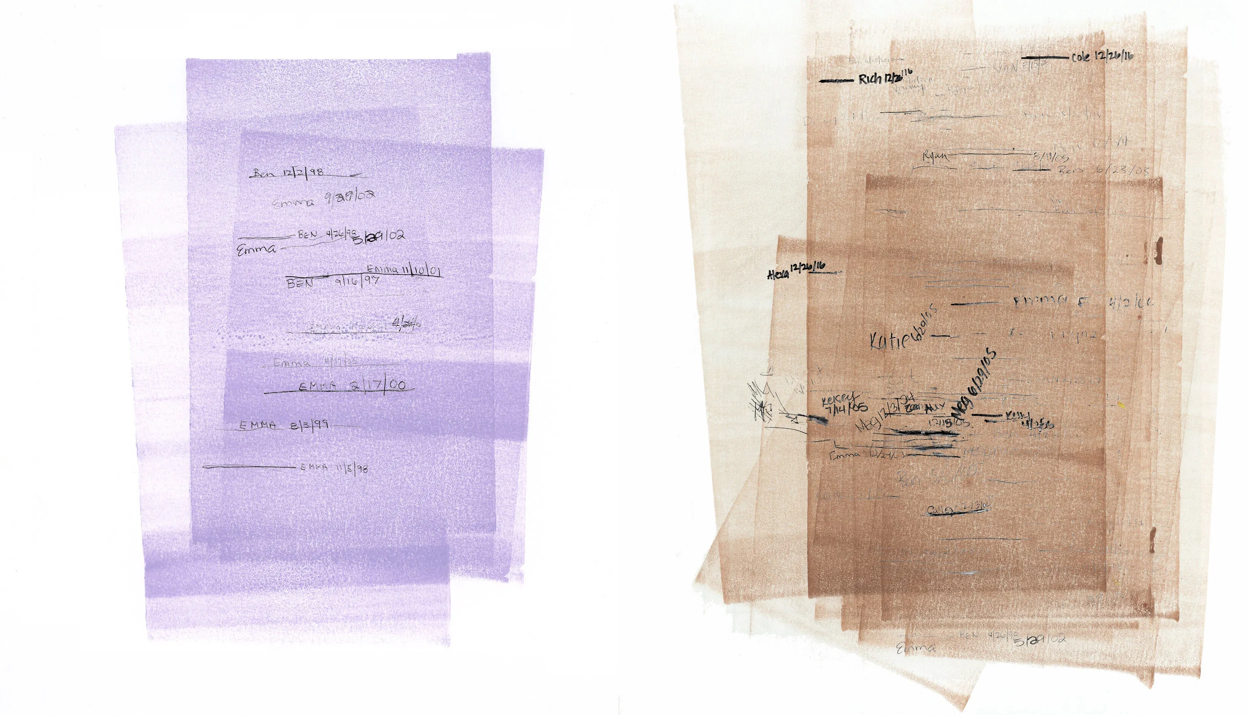 Growth Chart, Younger and Older, an artwork by Lorna Stevens showing two stages of life with layered fields of color, names, and dates recalling height notations marked on a wall.