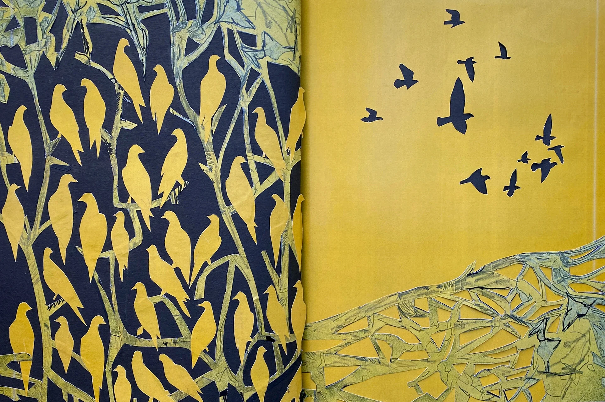 Colony Collapse/Forest Regeneration, from the Scrapbook of Endangered and Extinct Birds, a mixed-media artwork by Lorna Stevens exploring how passenger pigeons promoted woodland biodiversity and forest regeneration.