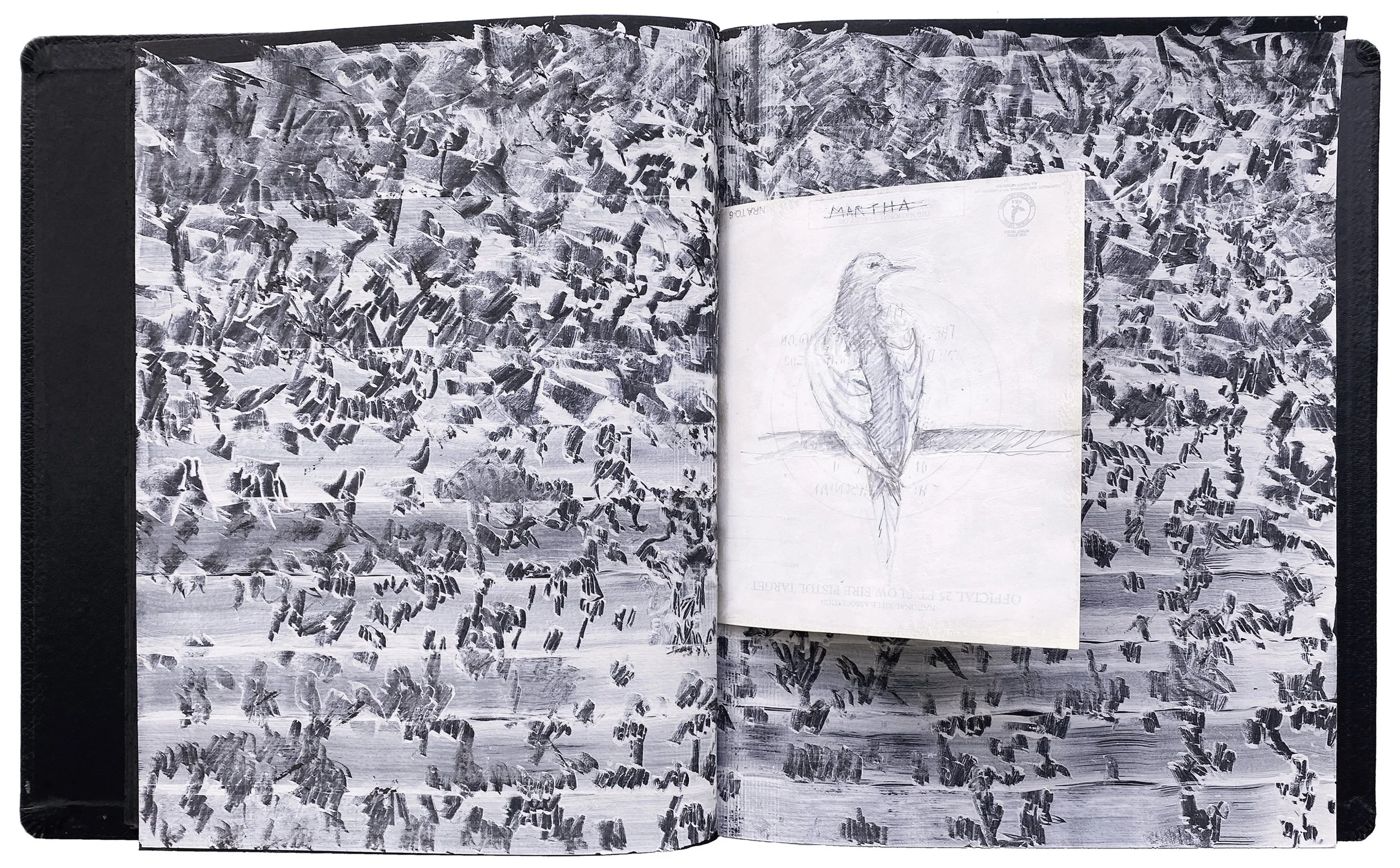 Passenger Pigeon Tempest, from the Scrapbook of Endangered and Extinct Birds, a double-page entry filled with dense black-and-white marks evoking flocks of passenger pigeons, with an insert honoring Martha, the last passenger pigeon.