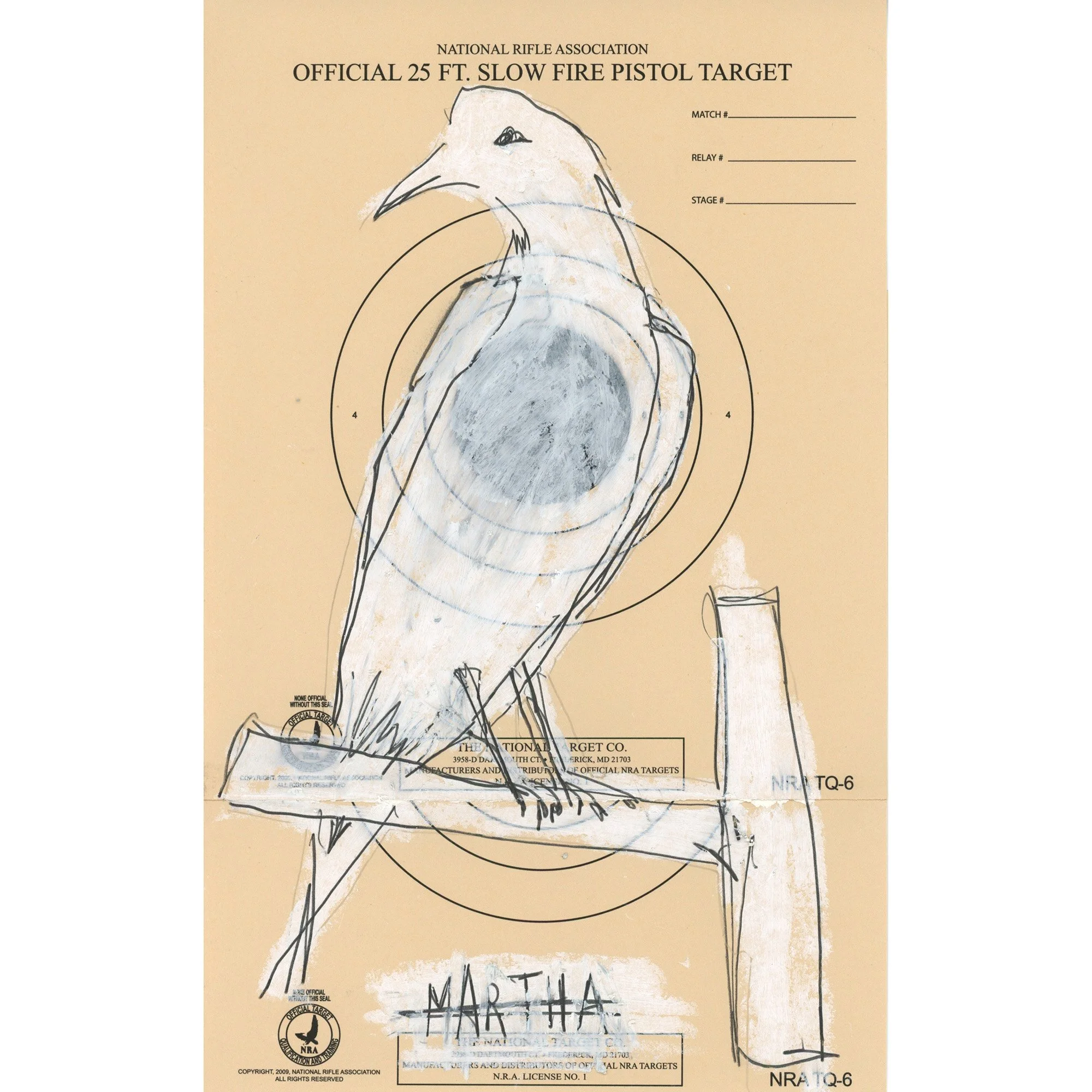 Homage to Martha, the Last Passenger Pigeon, an artwork by Lorna Stevens, 2020. Oil pastel and pencil on target paper depicting a passenger pigeon over concentric target rings, referencing Martha, the last known passenger pigeon.