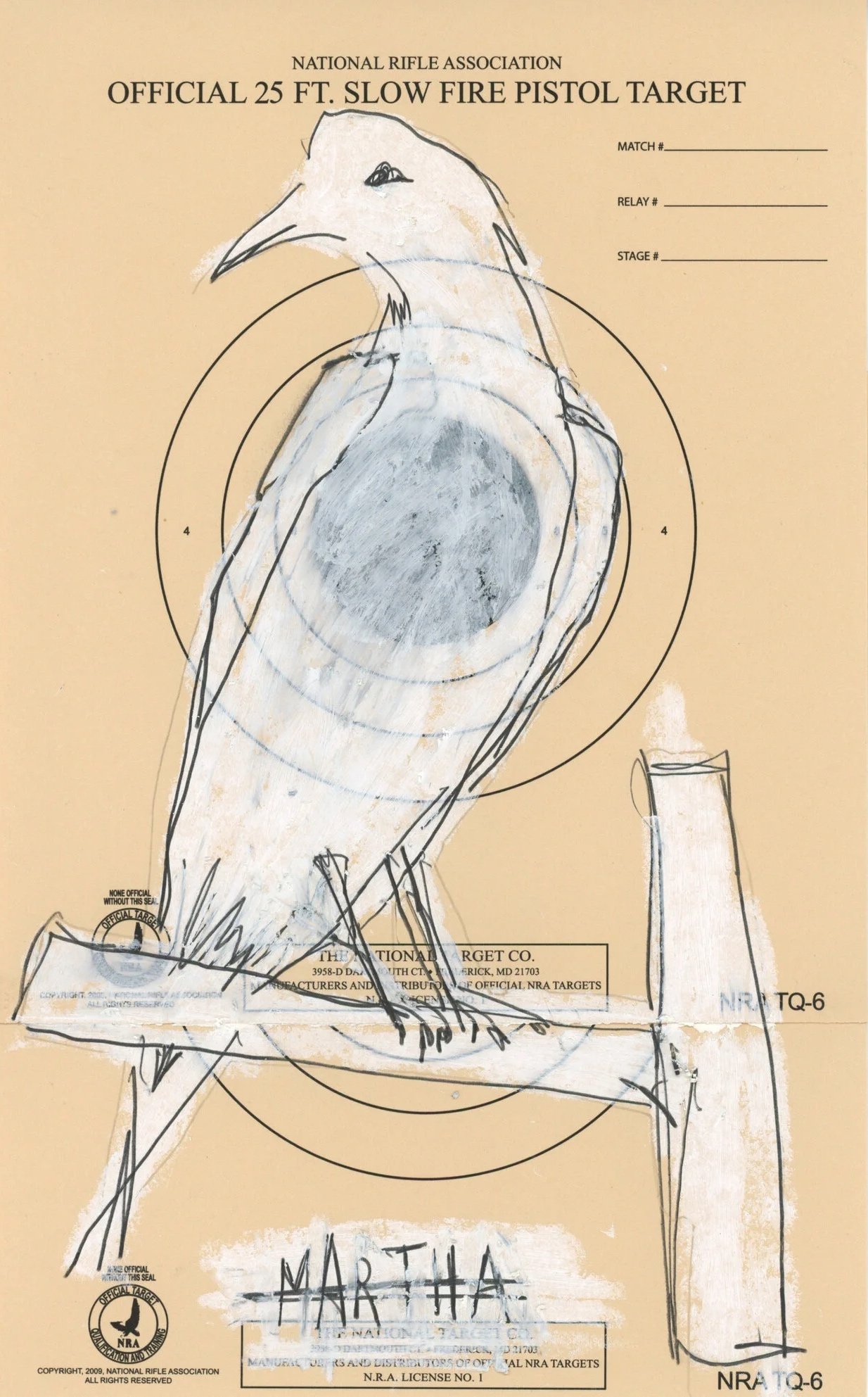 Homage to Martha, the last passenger pigeon, an artwork by Lorna Stevens made with oil pastel and pencil on target paper.