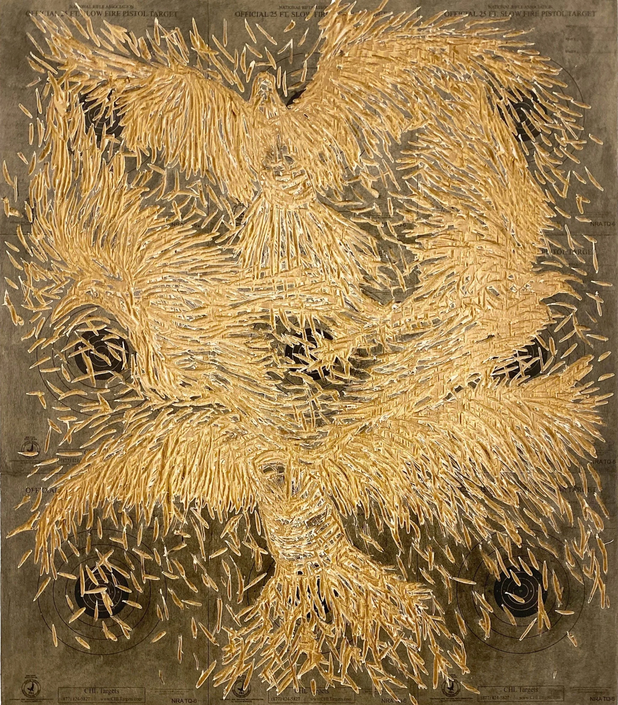 Birdshot, an artwork by Lorna Stevens with frantic passenger pigeons carved into salvaged wood covered with sumi-ink-tinted target paper.