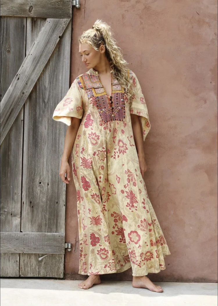 sienna miller brown dress Mid Century African Block Printed Dress