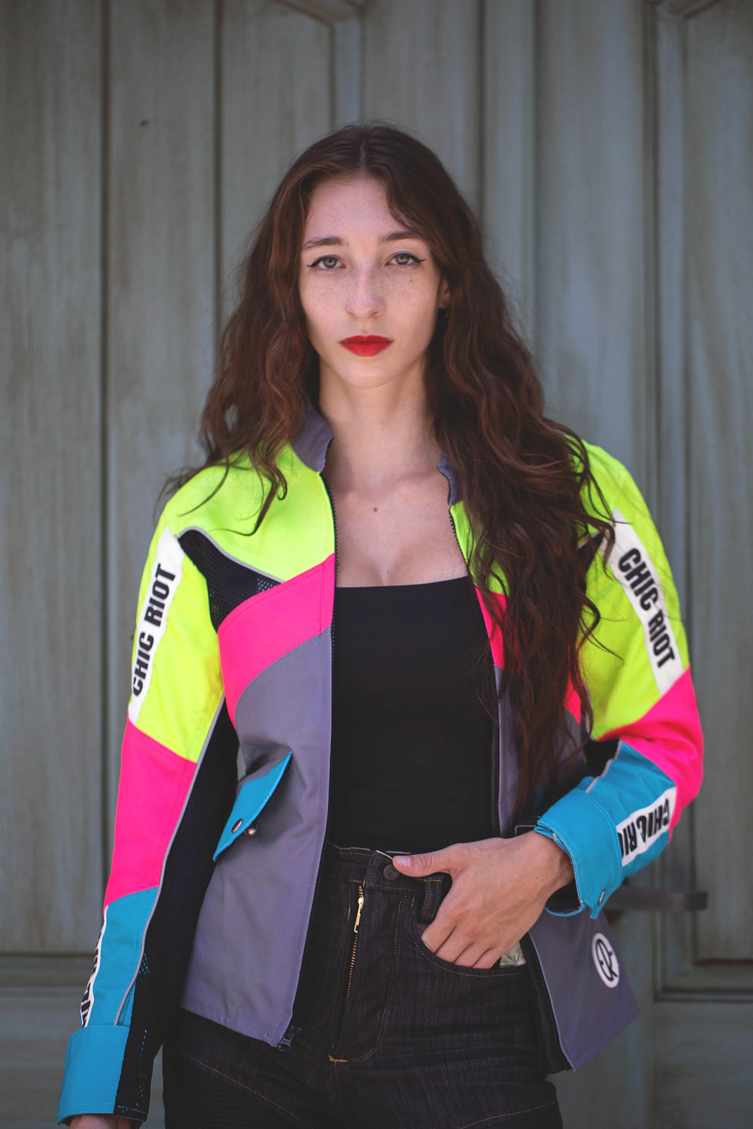 Chic-Riot-Kahling-Womens-Moto-Jacket-Model-Cadi-Downtown-Duluth-GA-Front-Of-Door.jpg