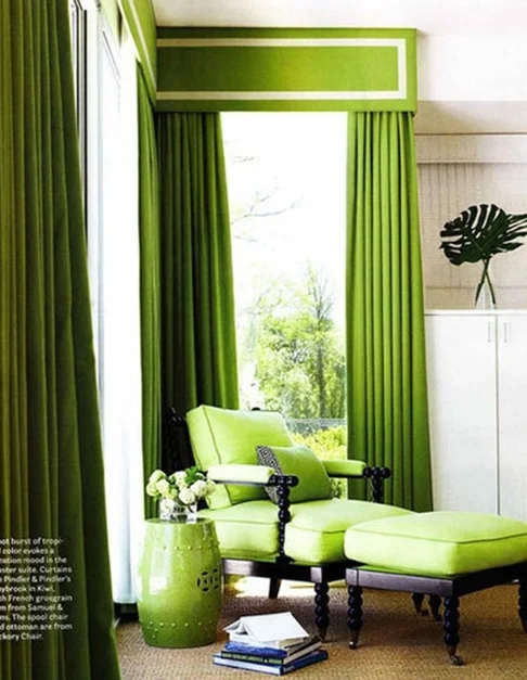 Bargia Micro Cord Green Drapery Panels and Kick Pleat Valance