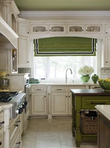 Green Fabric Roman Fold Shade with Bargia Accent Micro Cord Tape