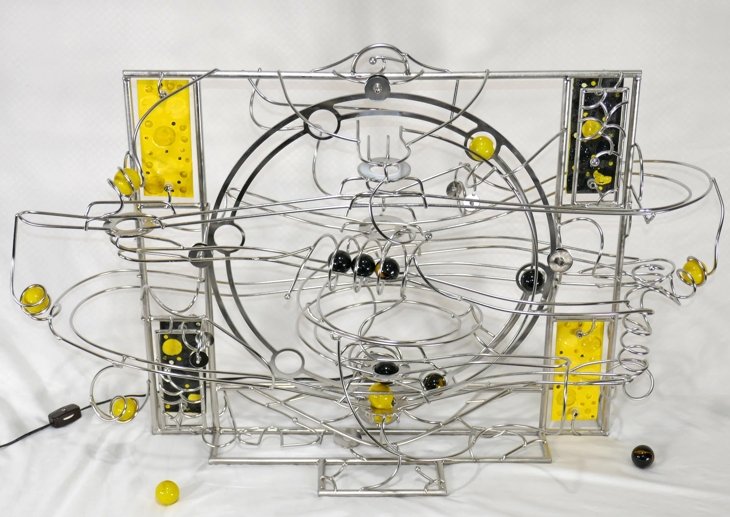 Rolling ball marble machine - front view of "Orpiment" looking downward