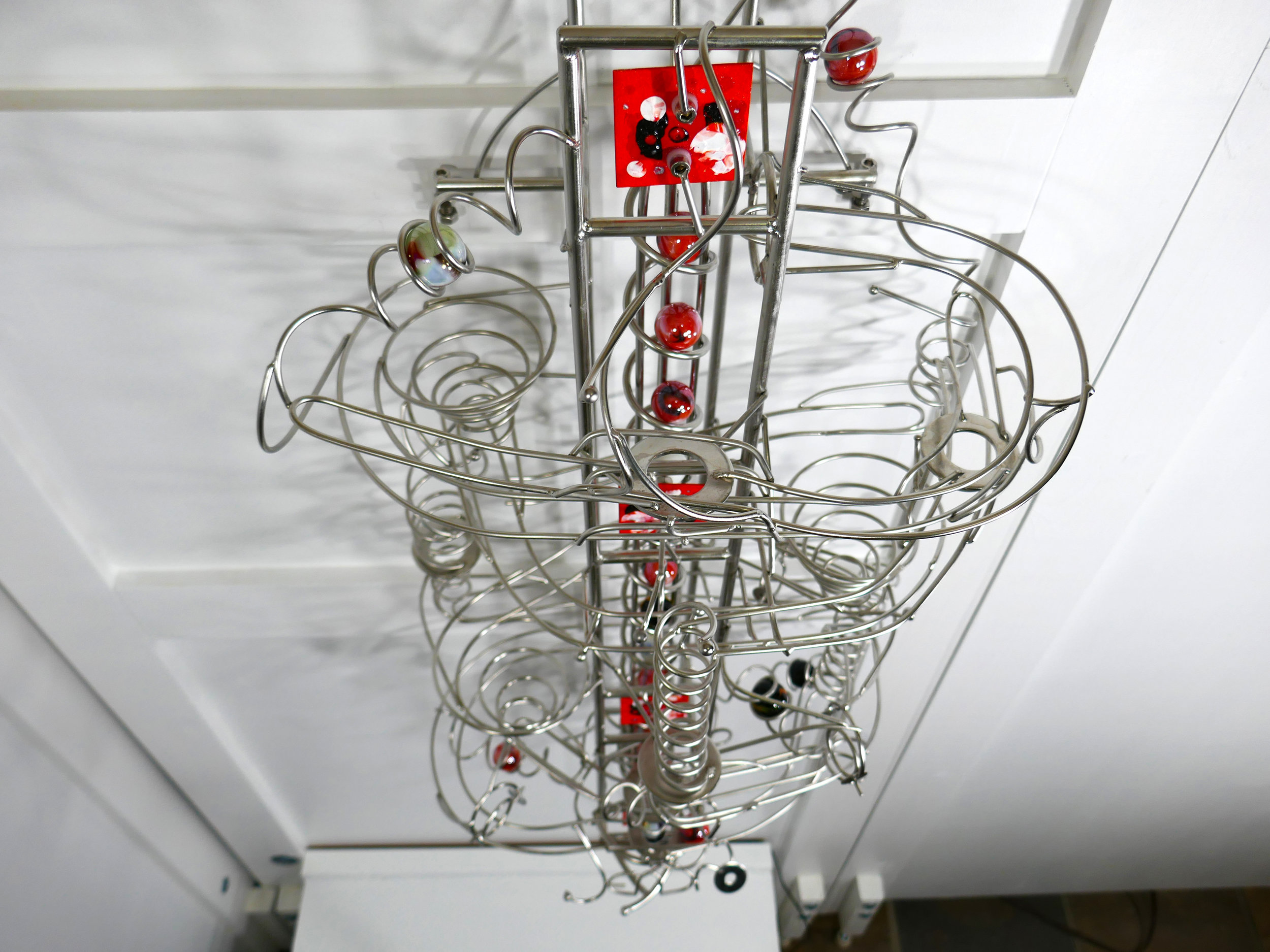 Marble run sculpture - kinetic art front view looking top down - Stephen Jendro 