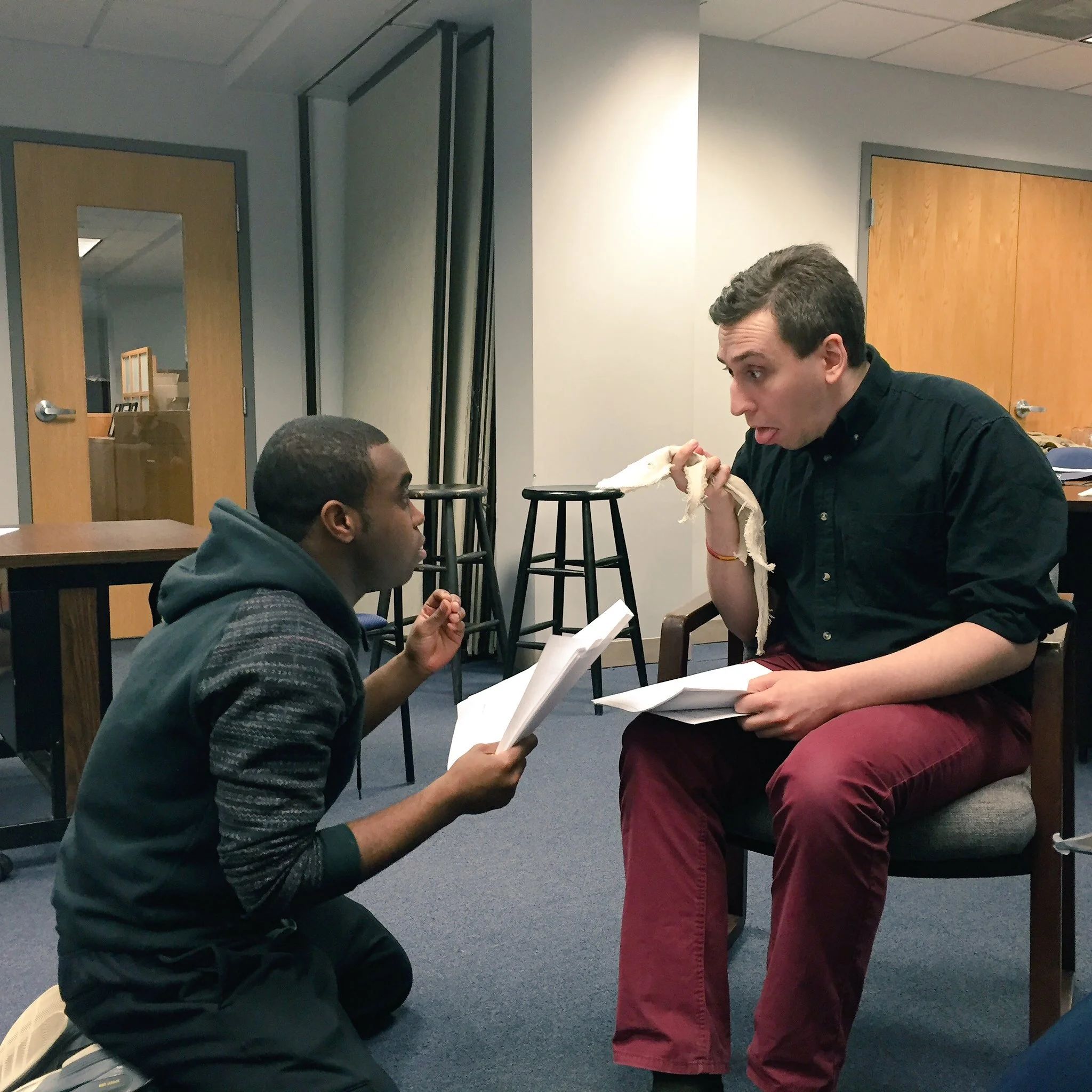 Actors Marc Pierre and Noah Simes in rehearsal for That Time the House Burned Down by MJ Halberstadt, 2016
