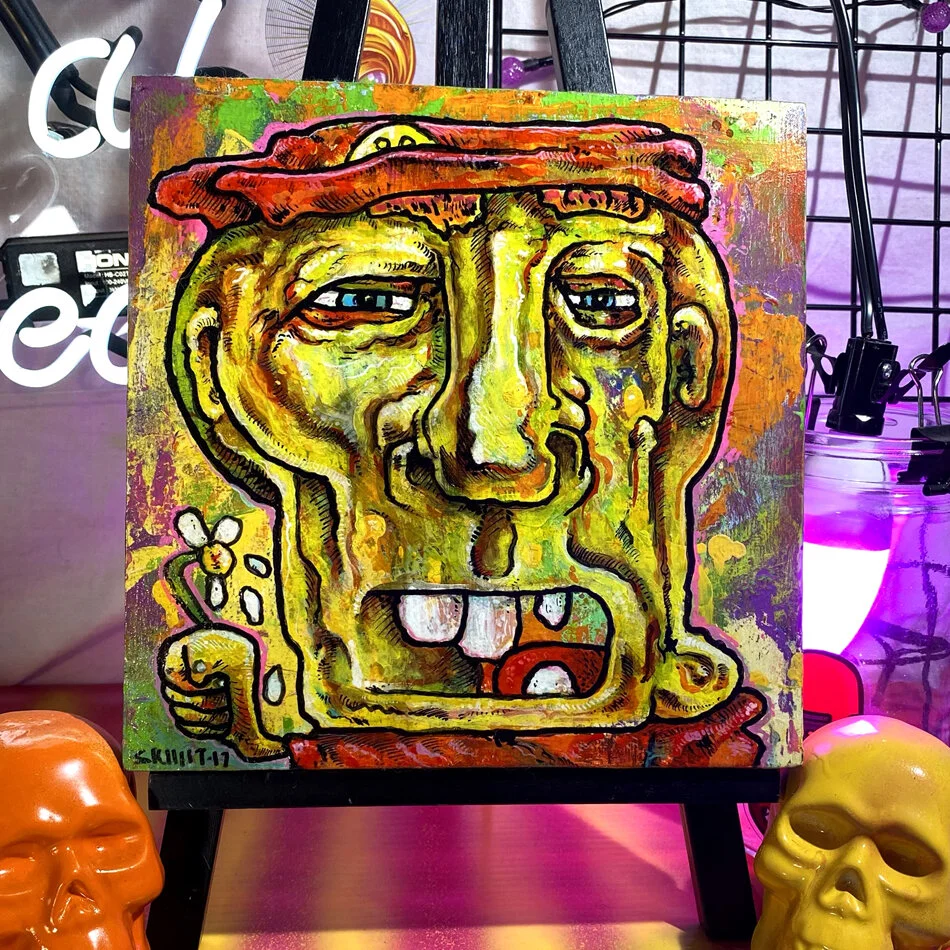 "Flower, Man" acrylic painting on wood panel 8x8"