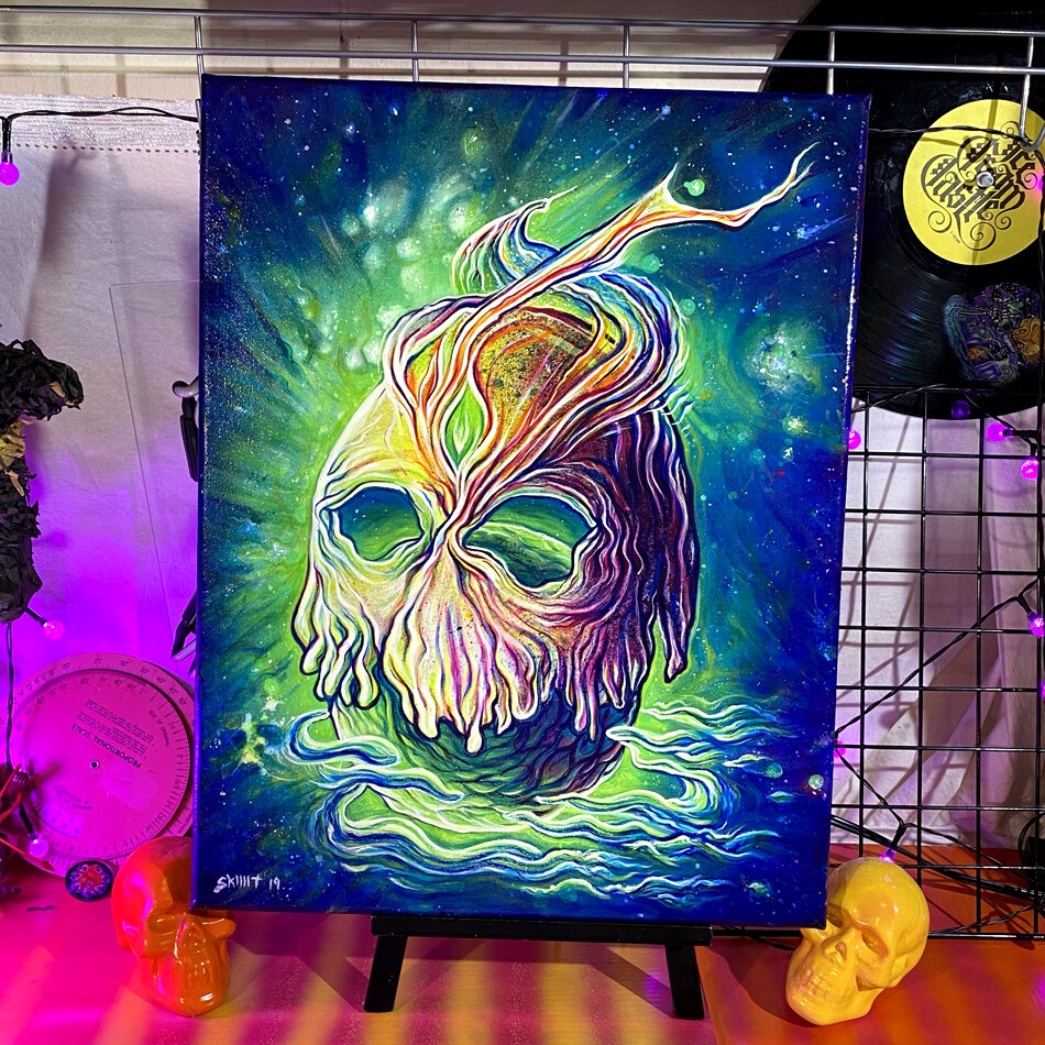 "My Skull Moon'd Spaceship" acrylic painting on 14x18" canvas